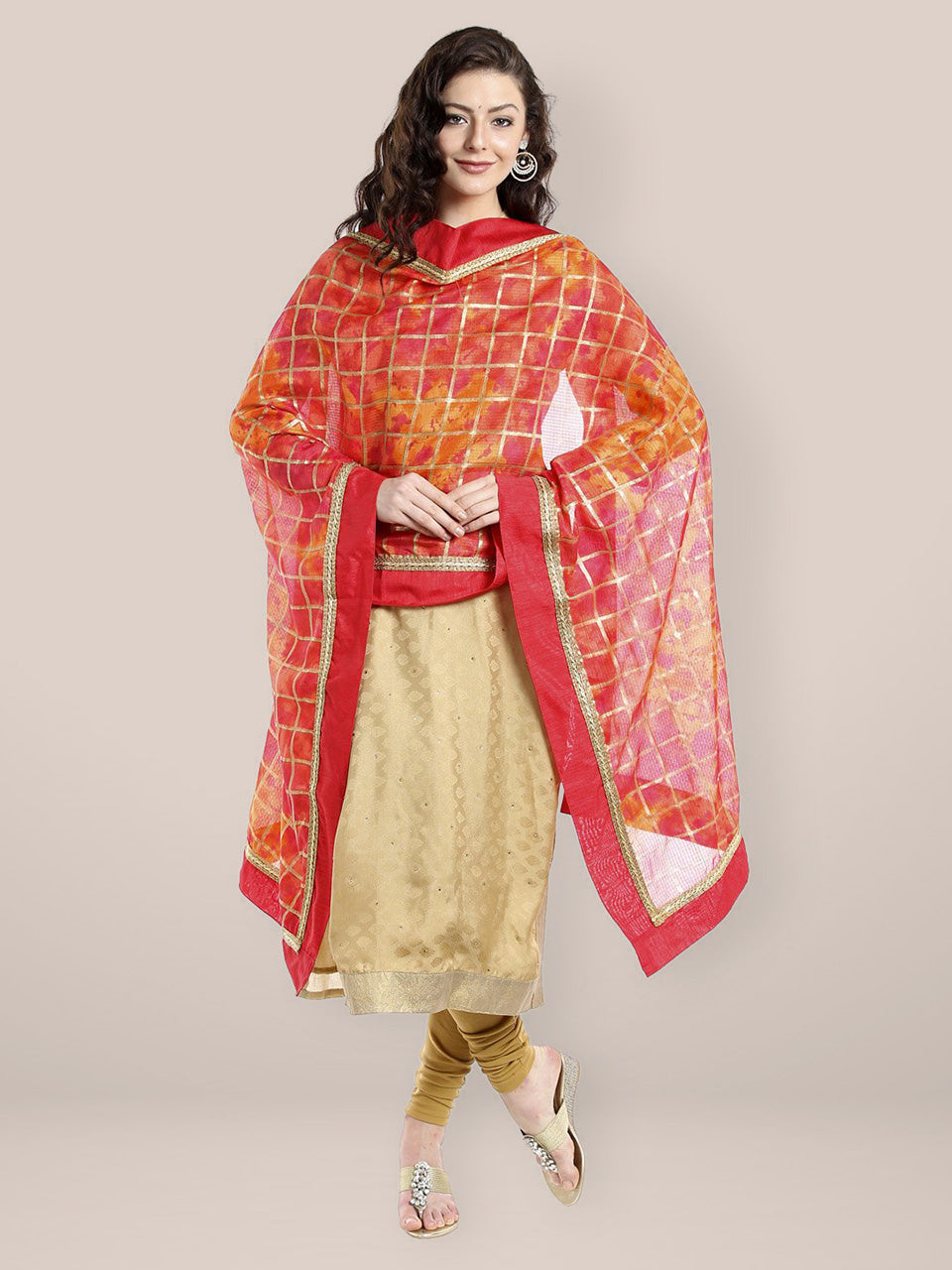 Dupatta Bazaar Women's Red Gold Kota Doria Dupatta freeshipping - Dupatta Bazaar