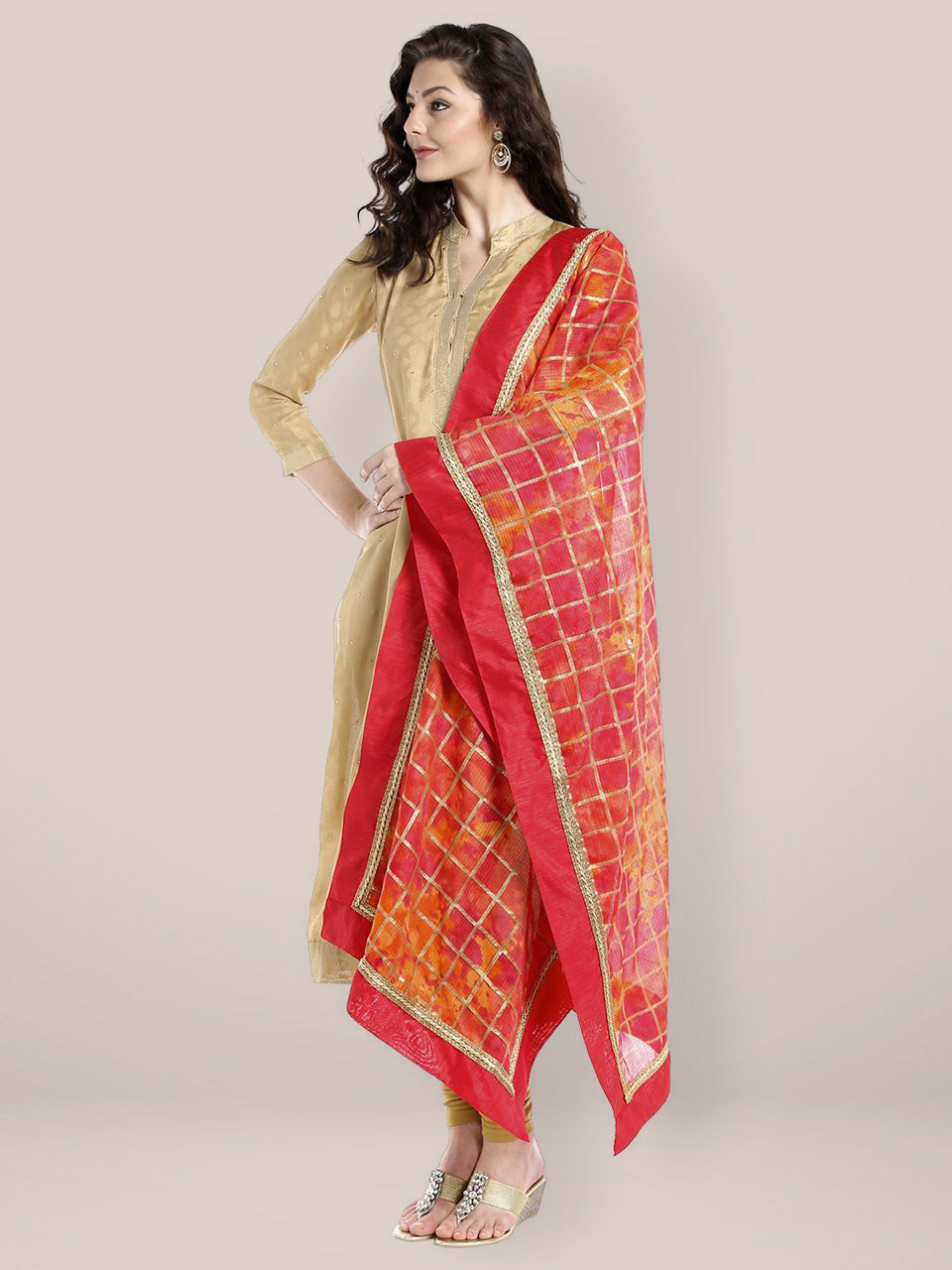 Dupatta Bazaar Women's Red Gold Kota Doria Dupatta freeshipping - Dupatta Bazaar