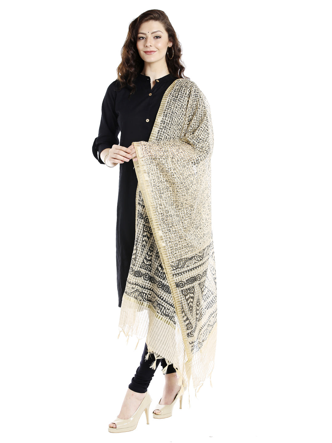 Dupatta Bazaar Women's Block Printed Ivory & Black Cotton Silk Dupatta. - Dupatta Bazaar