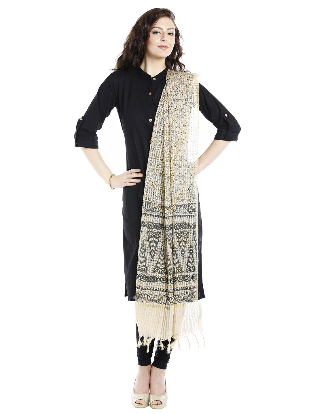 Dupatta Bazaar Women's Block Printed Ivory & Black Cotton Silk Dupatta. - Dupatta Bazaar