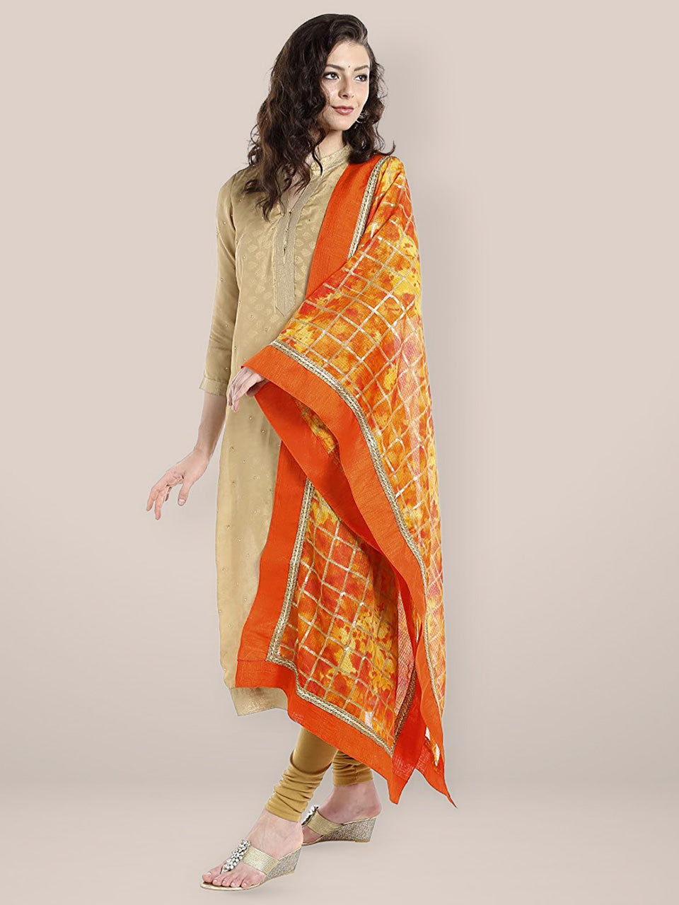 Dupatta Bazaar Women's Orange & Gold Kota Doria Dupatta freeshipping - Dupatta Bazaar