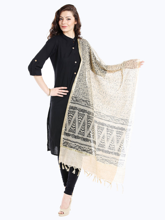 Dupatta Bazaar Women's Block Printed Ivory & Black Cotton Silk Dupatta. - Dupatta Bazaar
