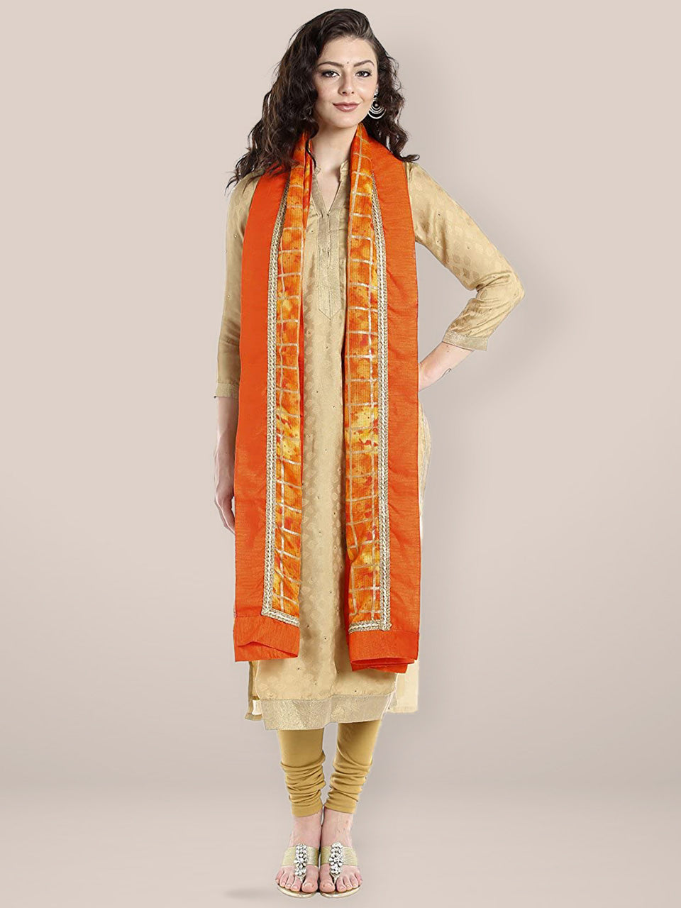 Dupatta Bazaar Women's Orange & Gold Kota Doria Dupatta freeshipping - Dupatta Bazaar