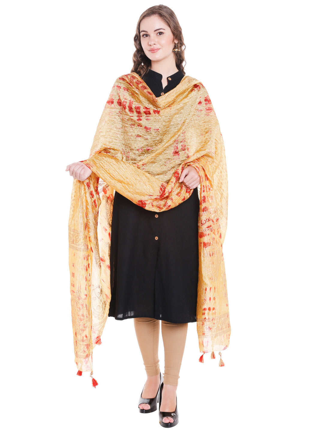 Dupatta Bazaar Women's block printed Gold & Red Silk Dupatta . - Dupatta Bazaar