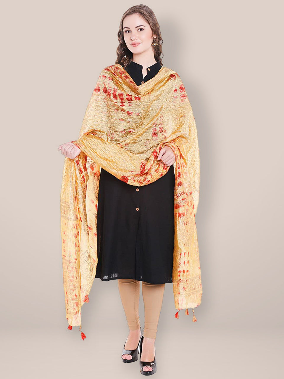 Beige & Red Printed Silk Dupatta freeshipping - Dupatta Bazaar
