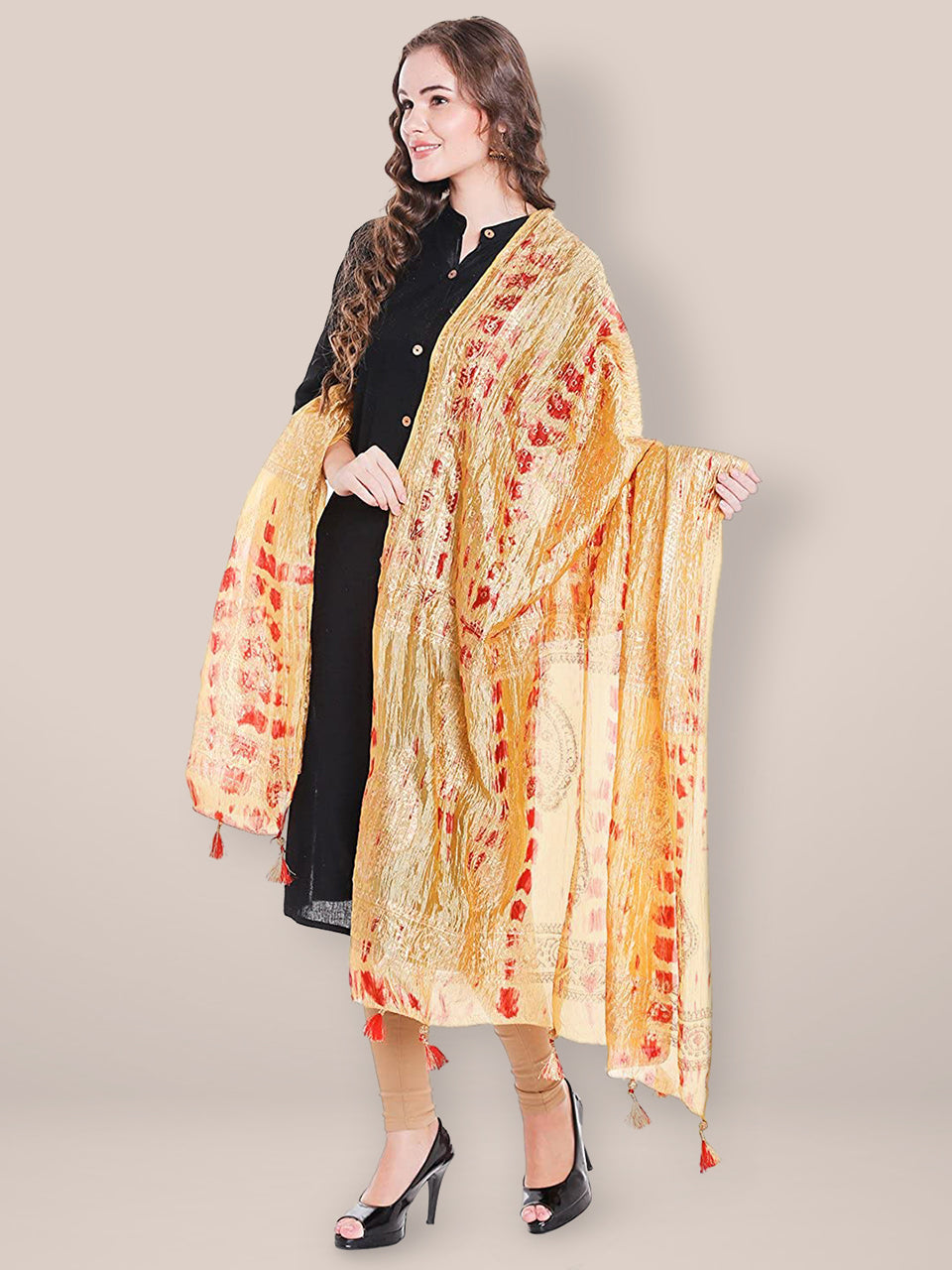 Beige & Red Printed Silk Dupatta freeshipping - Dupatta Bazaar