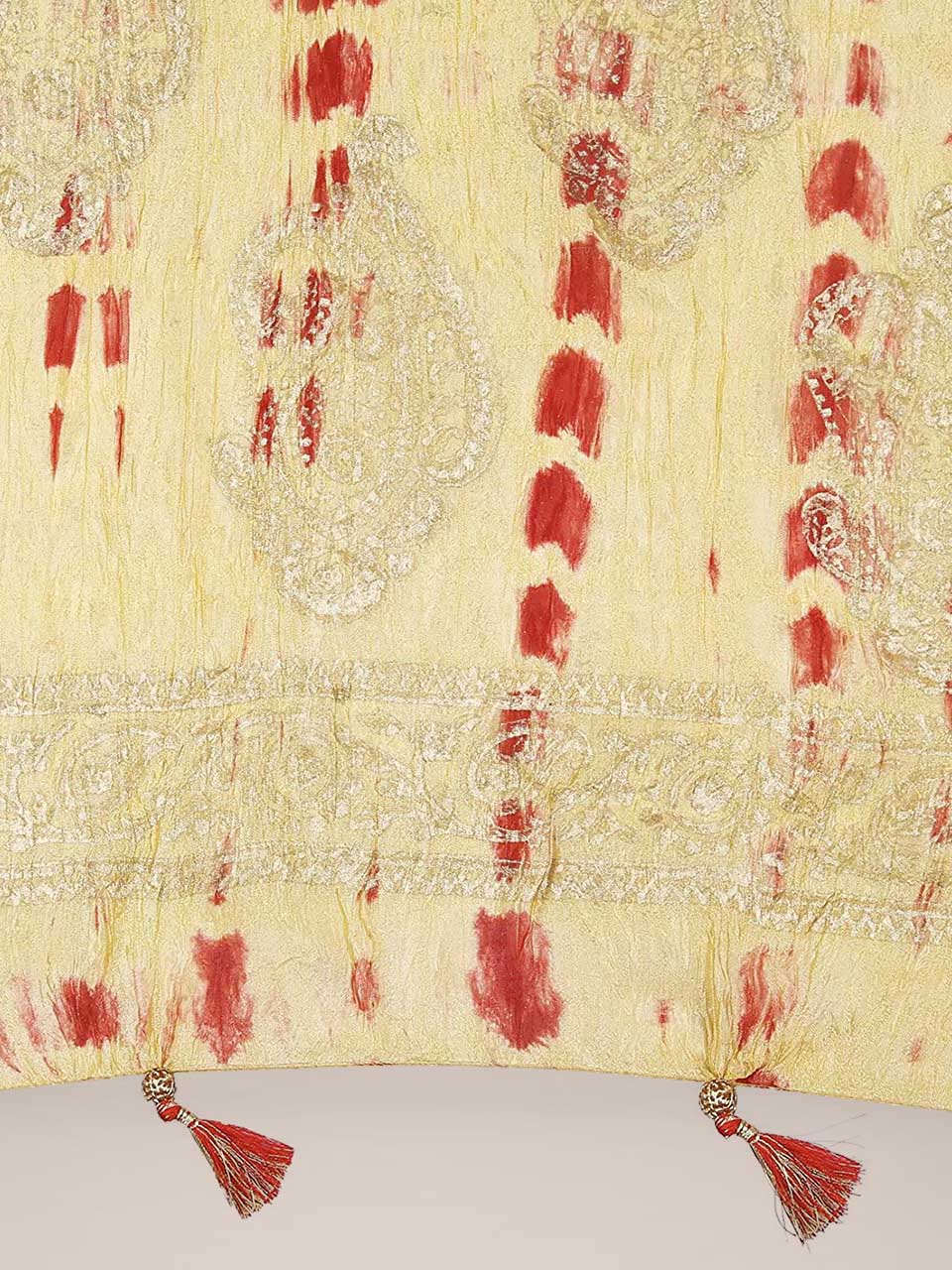 Beige & Red Printed Silk Dupatta freeshipping - Dupatta Bazaar