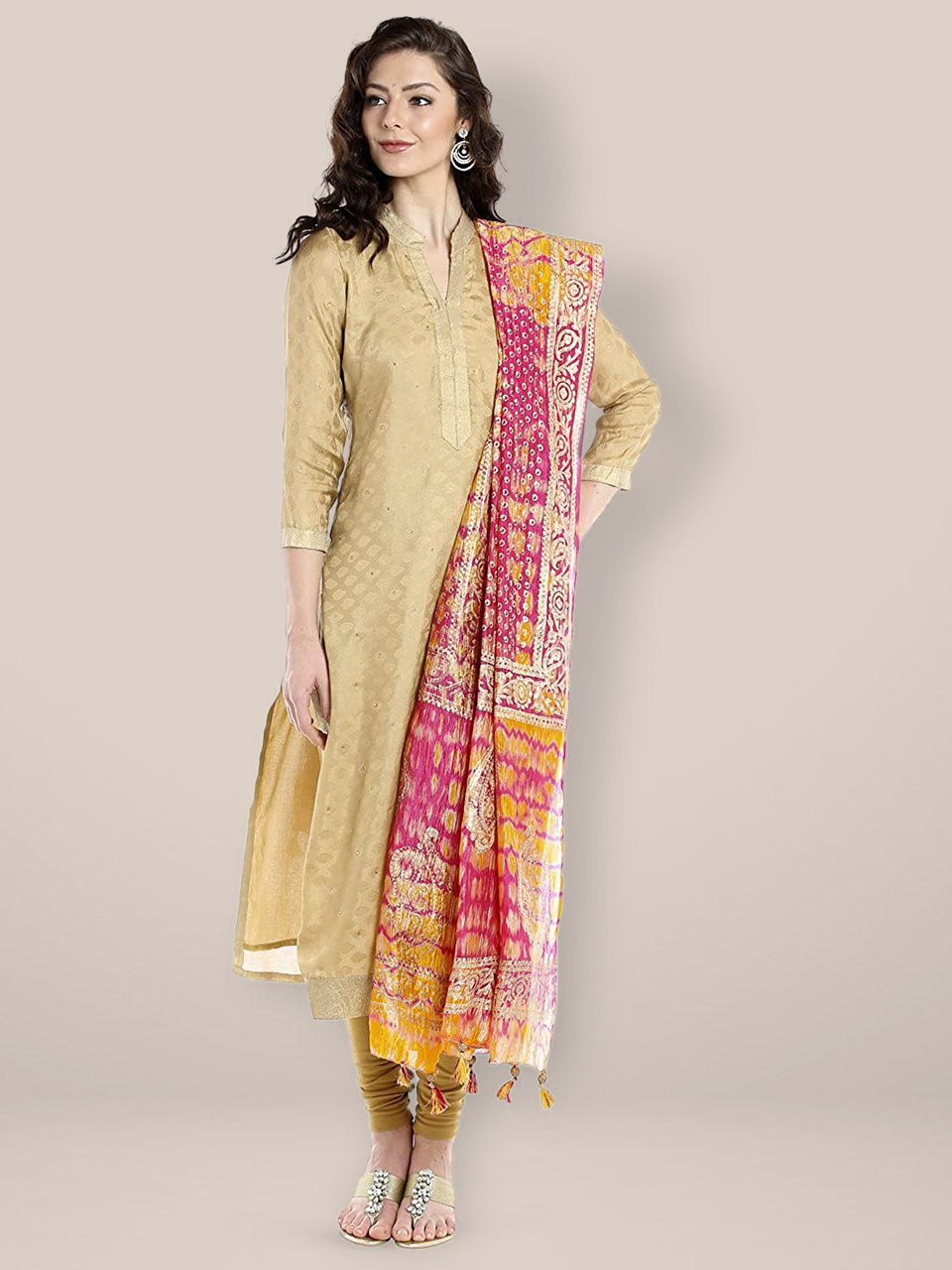 Pink & Yellow Printed Silk Dupatta . freeshipping - Dupatta Bazaar