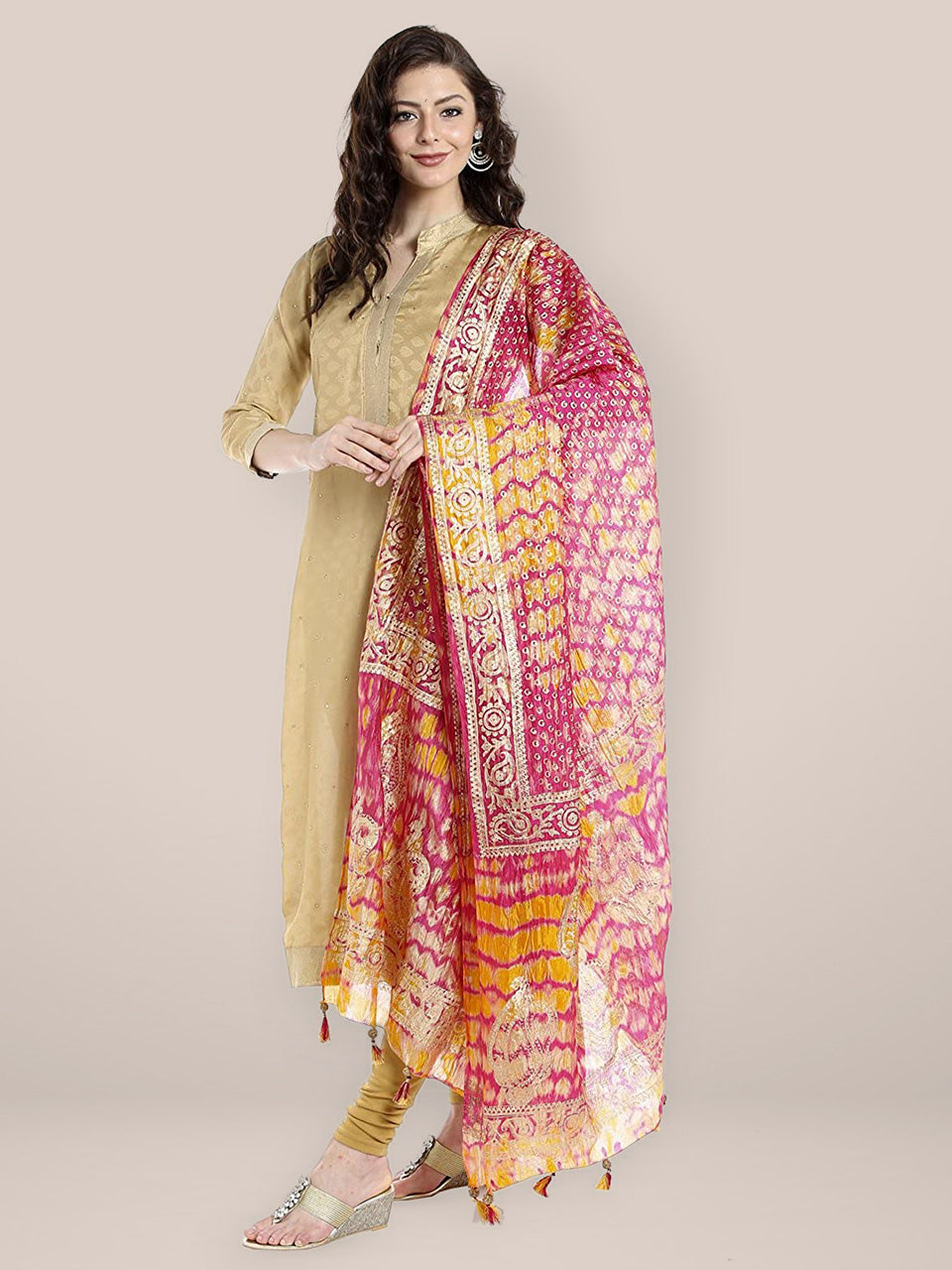 Pink & Yellow Printed Silk Dupatta . freeshipping - Dupatta Bazaar