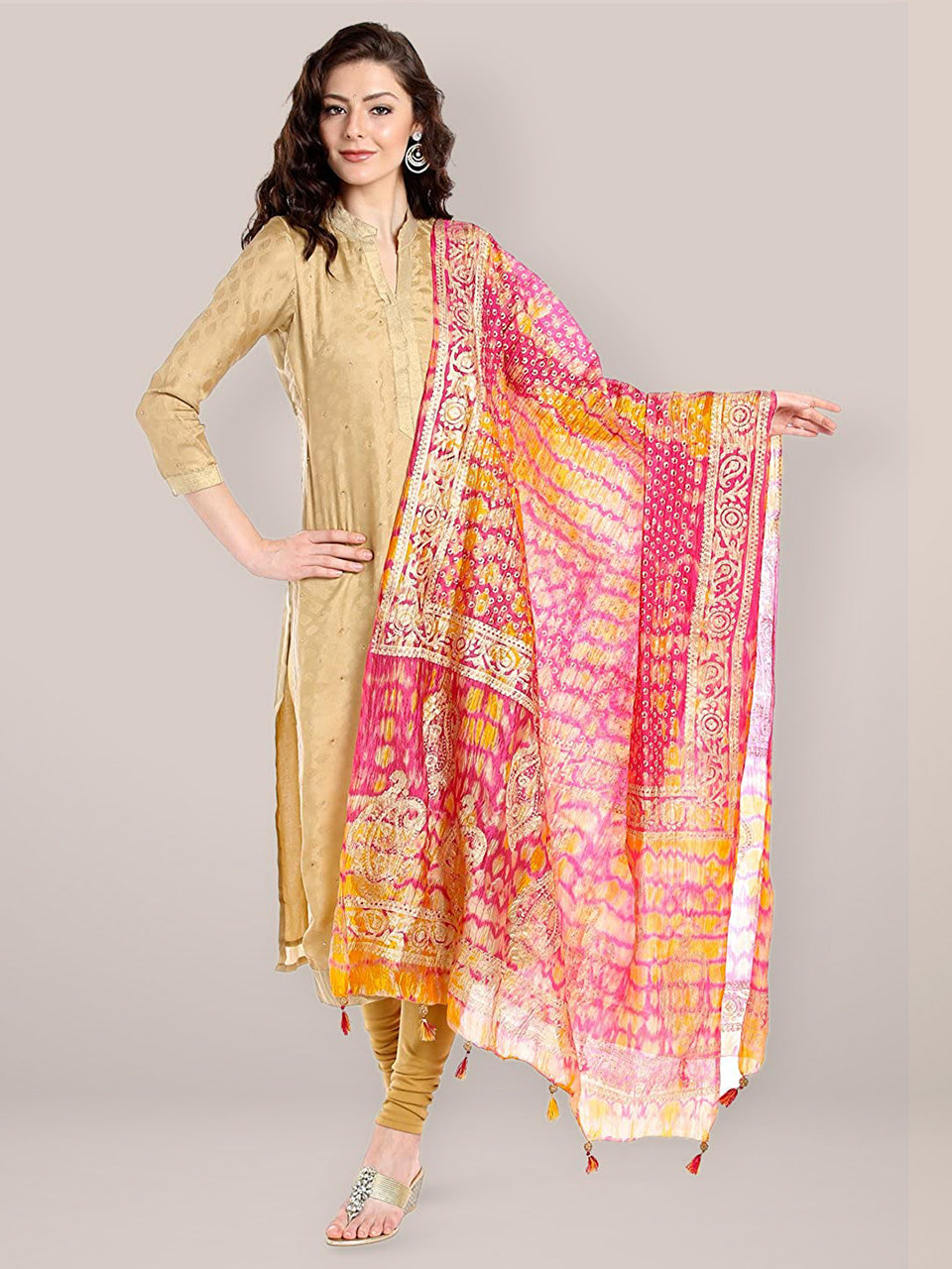 Pink & Yellow Printed Silk Dupatta . freeshipping - Dupatta Bazaar
