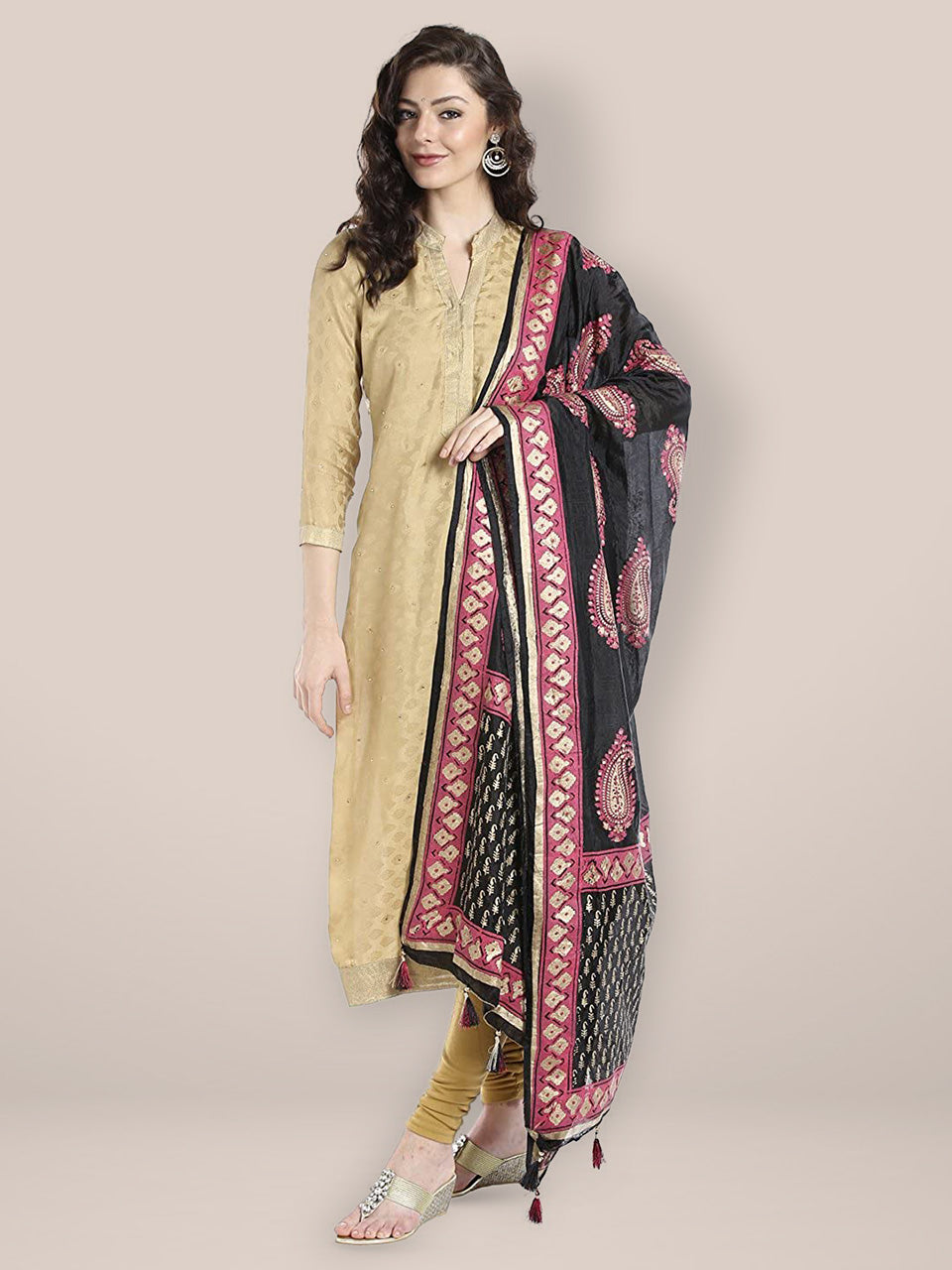 Pink & Black Silk Dupatta . freeshipping - Dupatta Bazaar