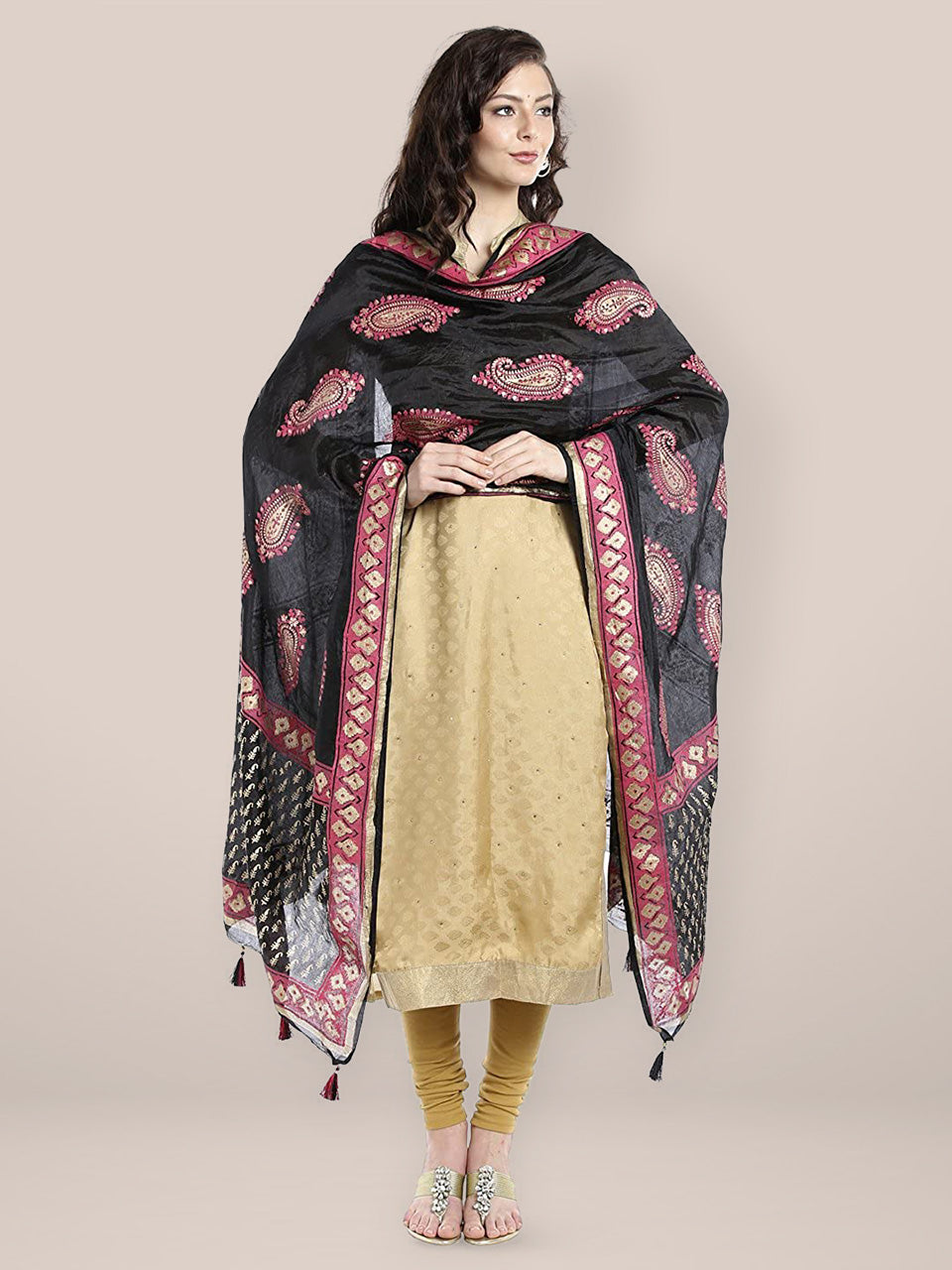 Pink & Black Silk Dupatta . freeshipping - Dupatta Bazaar