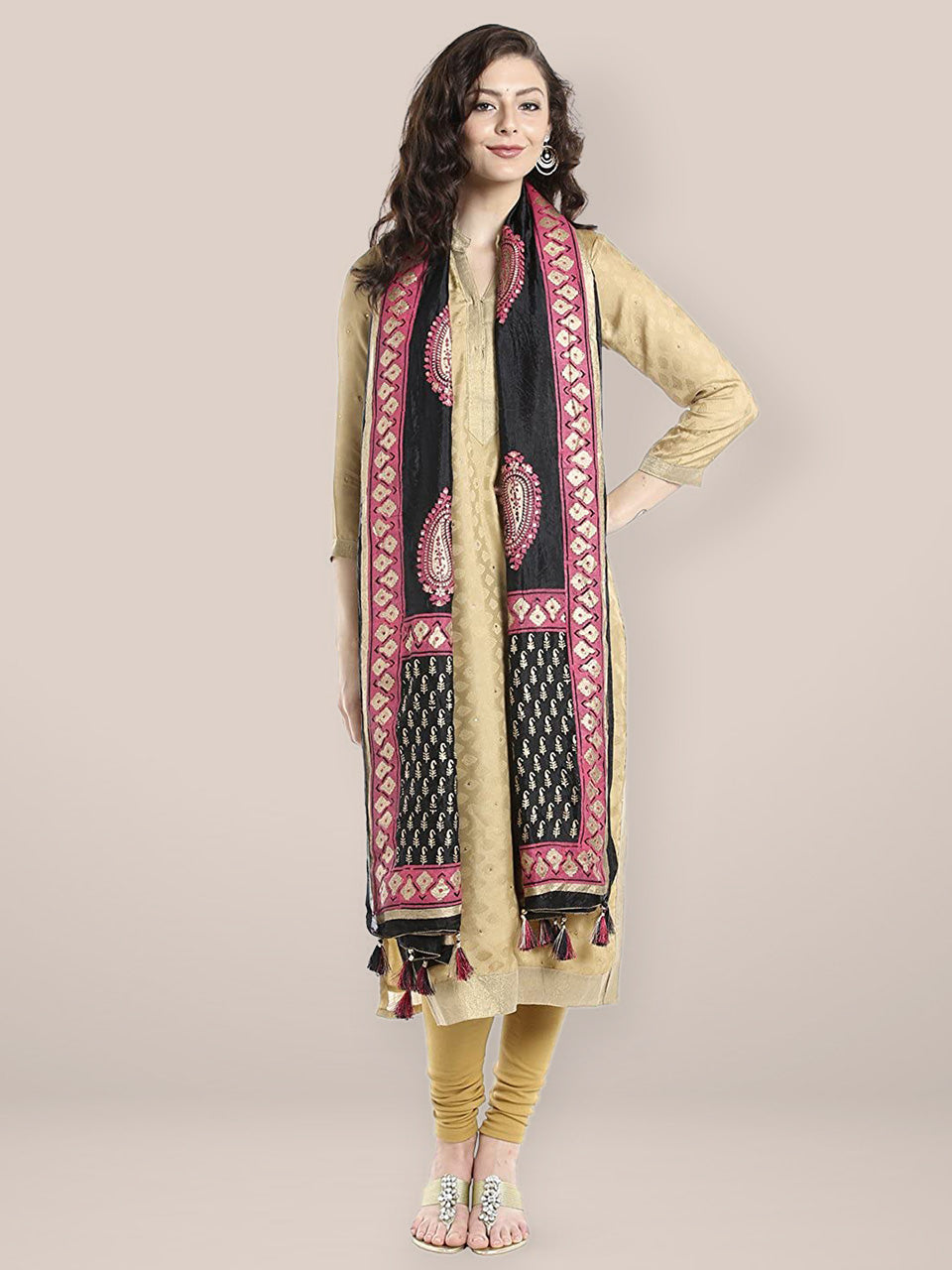 Pink & Black Silk Dupatta . freeshipping - Dupatta Bazaar