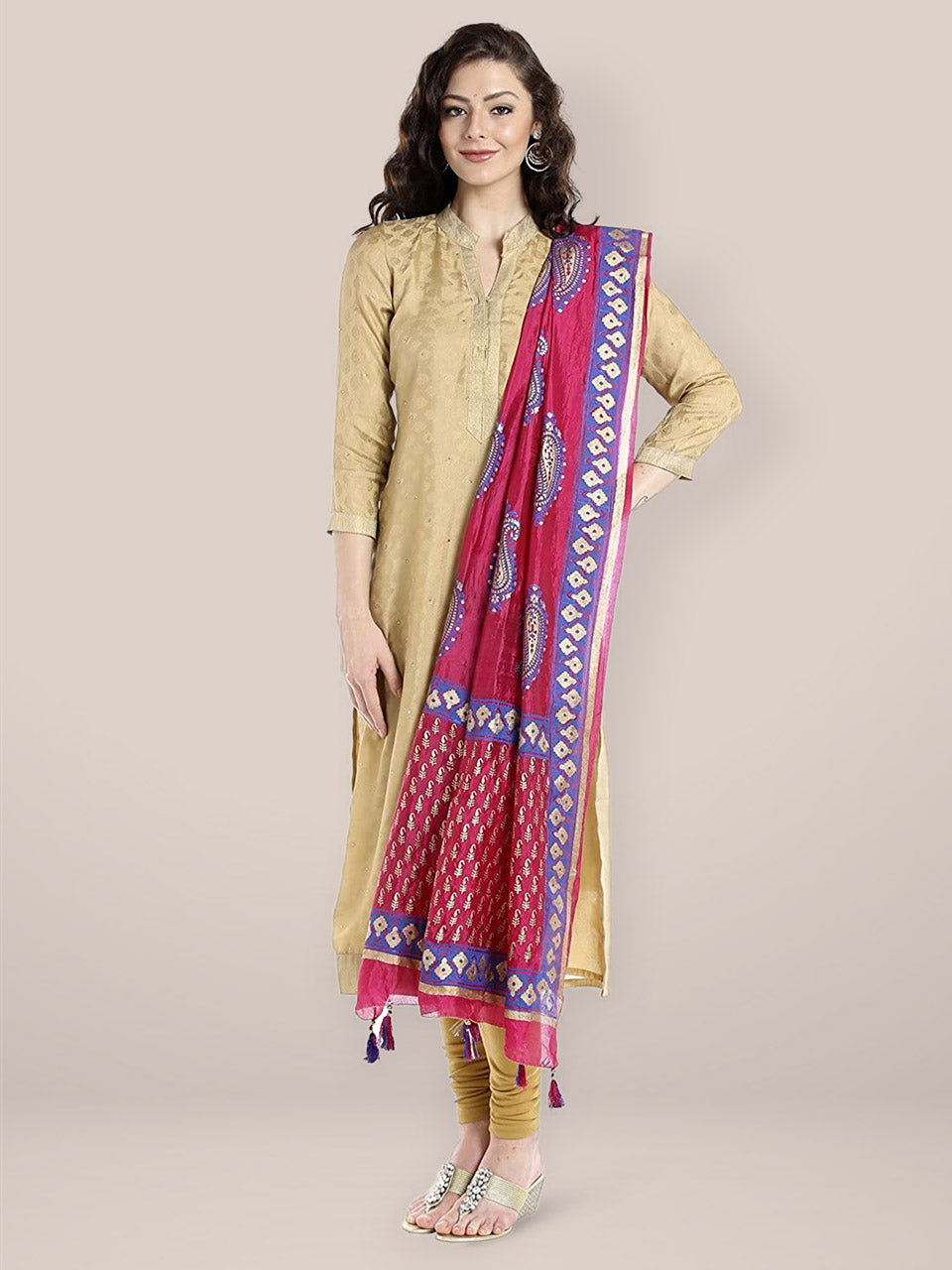 Pink & Blue Silk  Printed Dupatta . freeshipping - Dupatta Bazaar