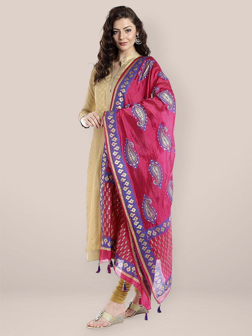 Pink & Blue Silk  Printed Dupatta . freeshipping - Dupatta Bazaar