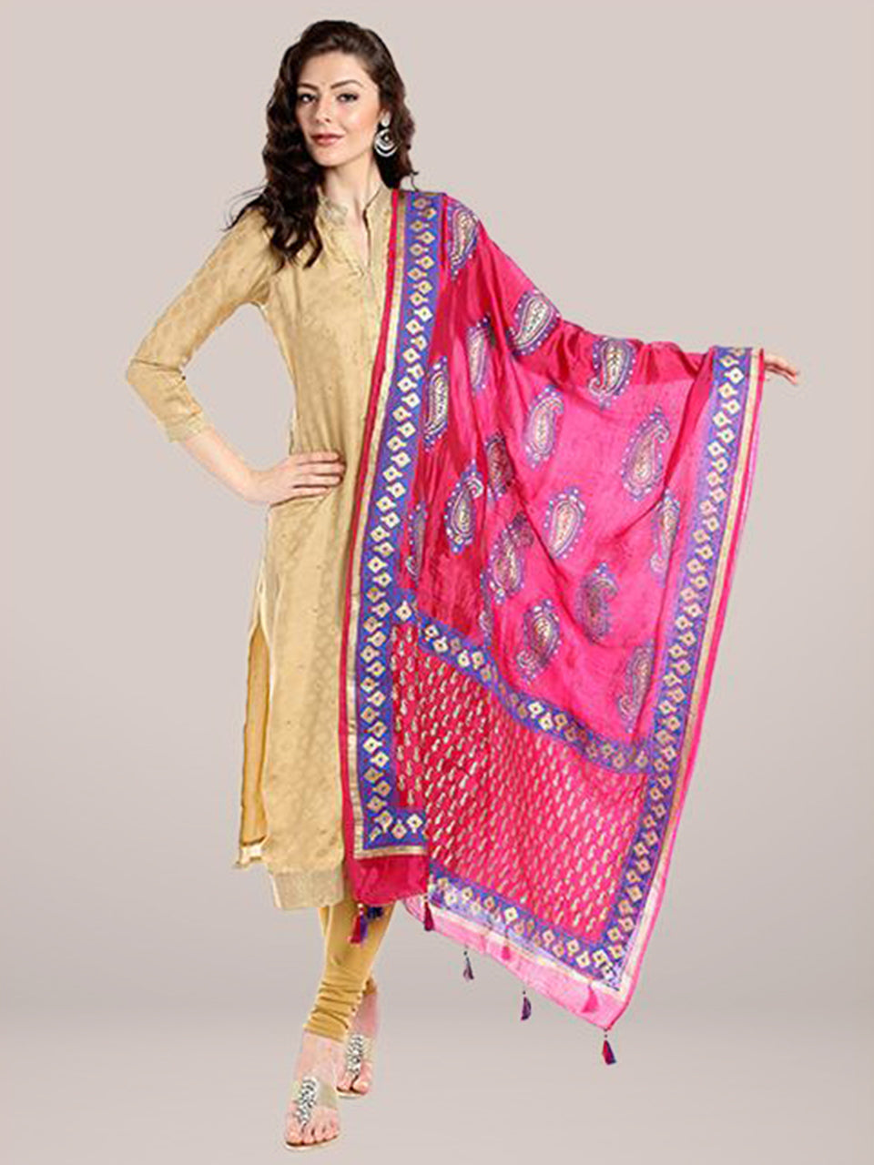 Pink & Blue Silk  Printed Dupatta . freeshipping - Dupatta Bazaar