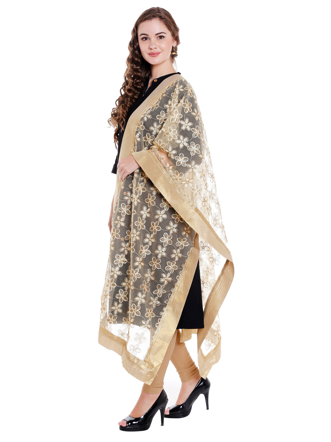 Dupatta Bazaar Women's floral Embroidered Gold Net Dupatta - Dupatta Bazaar
