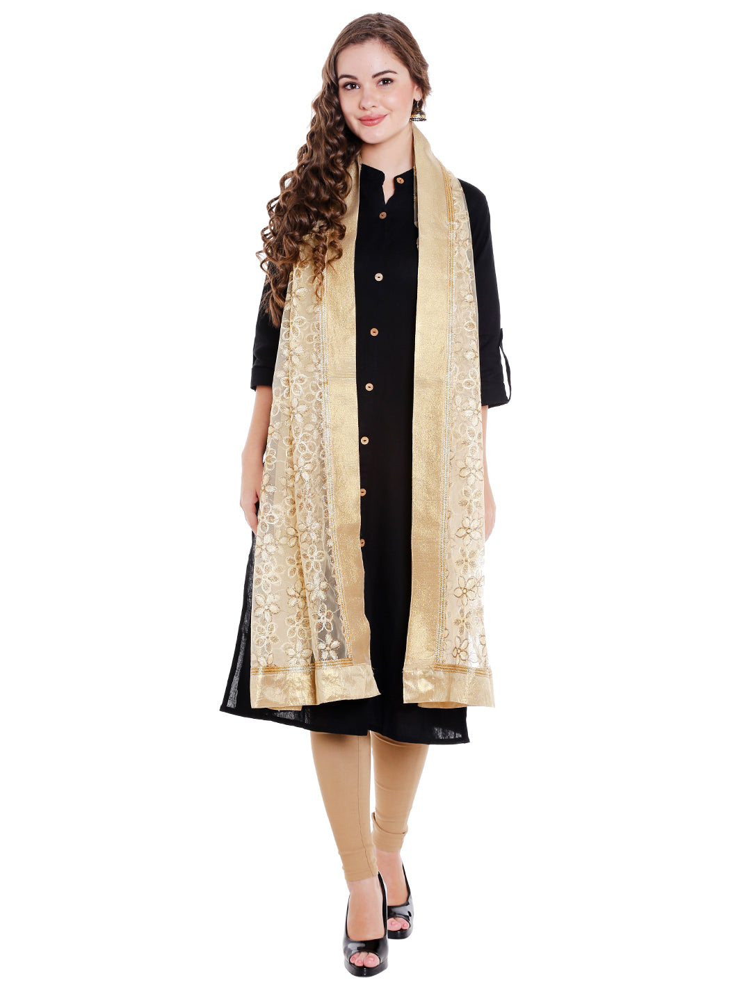 Dupatta Bazaar Women's floral Embroidered Gold Net Dupatta - Dupatta Bazaar