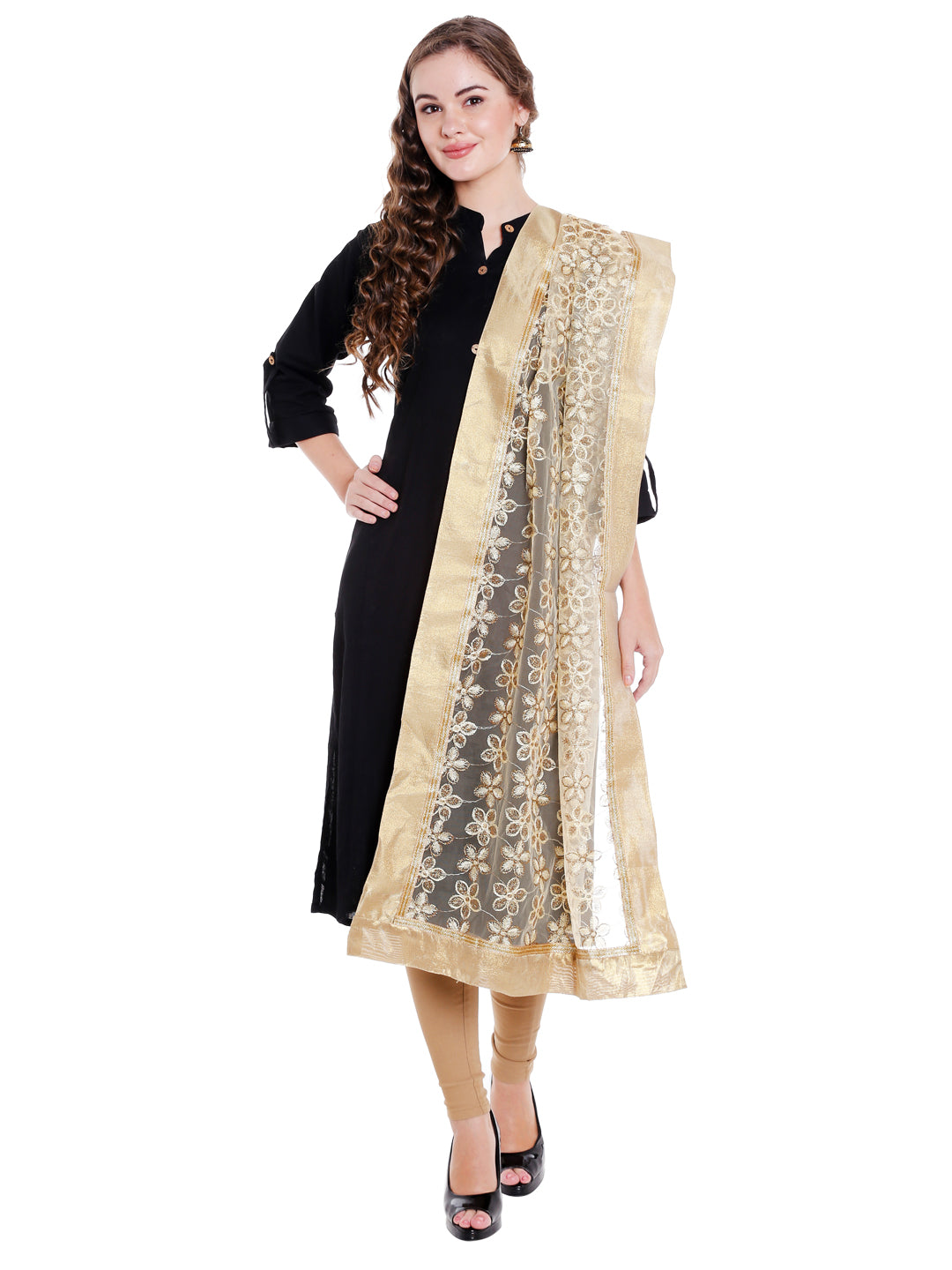 Dupatta Bazaar Women's floral Embroidered Gold Net Dupatta - Dupatta Bazaar