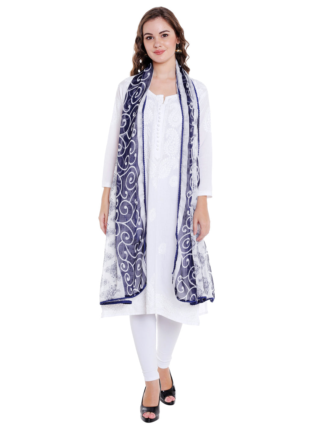 Dupatta Bazaar Women's Blue & White Chiffon Dupatta with lace. - Dupatta Bazaar