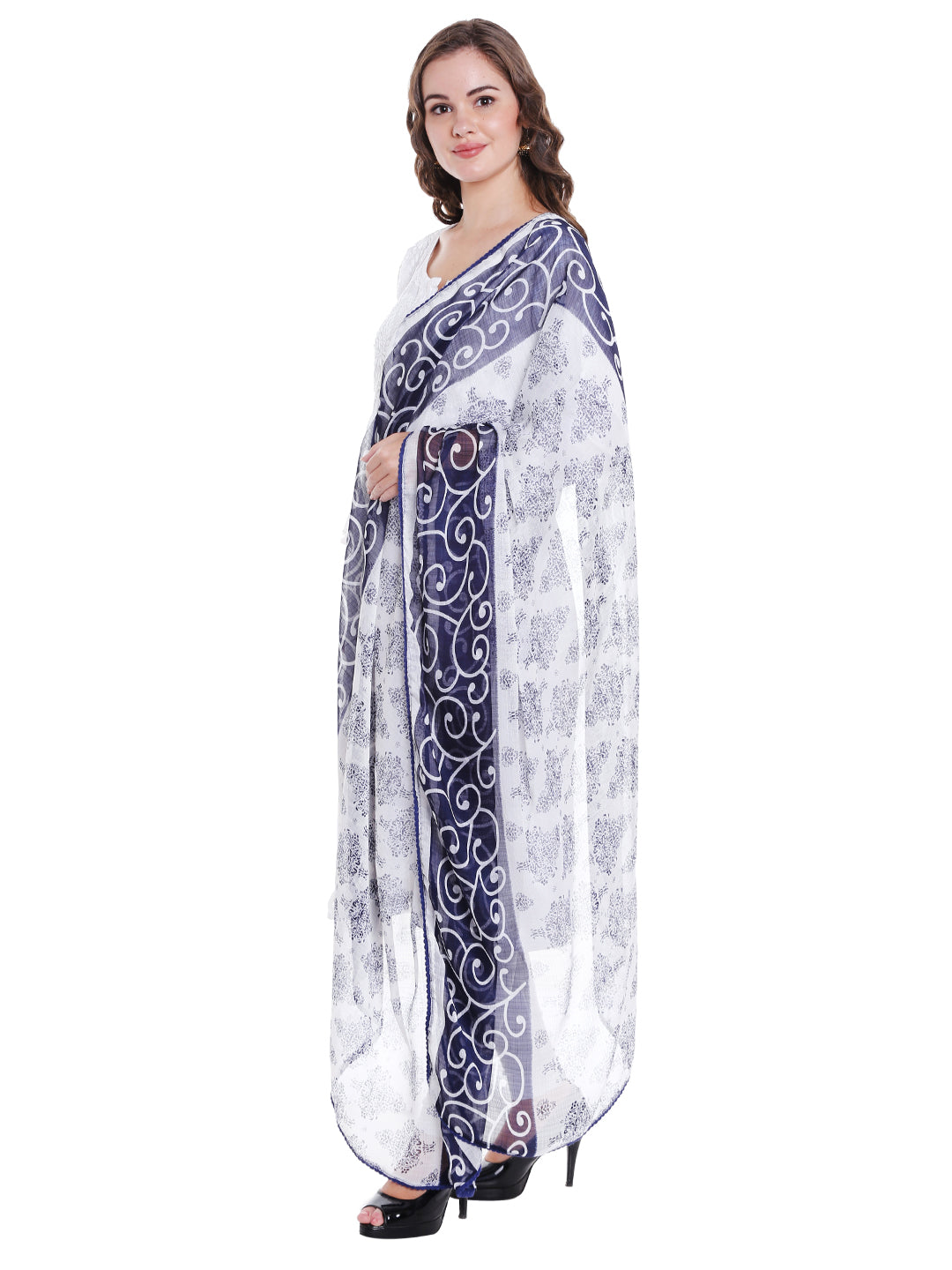 Dupatta Bazaar Women's Blue & White Chiffon Dupatta with lace. - Dupatta Bazaar