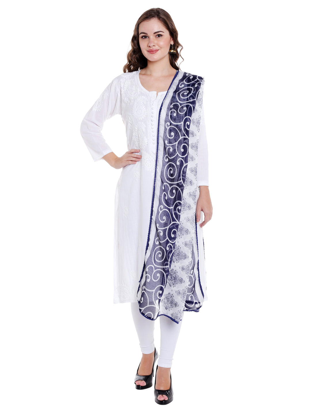 Dupatta Bazaar Women's Blue & White Chiffon Dupatta with lace. - Dupatta Bazaar