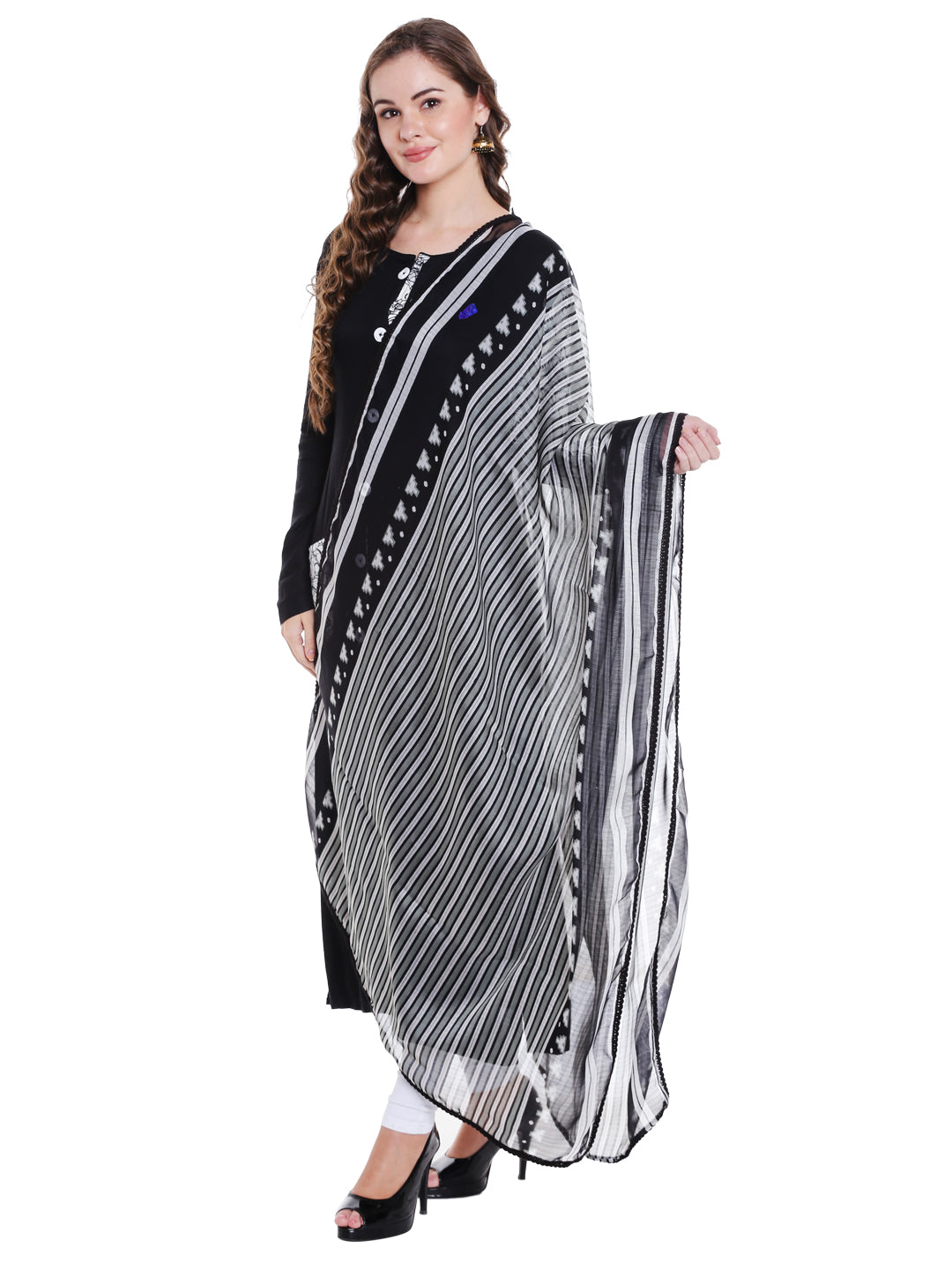 Dupatta Bazaar Women's Black & White Chiffon Dupatta with lace. - Dupatta Bazaar