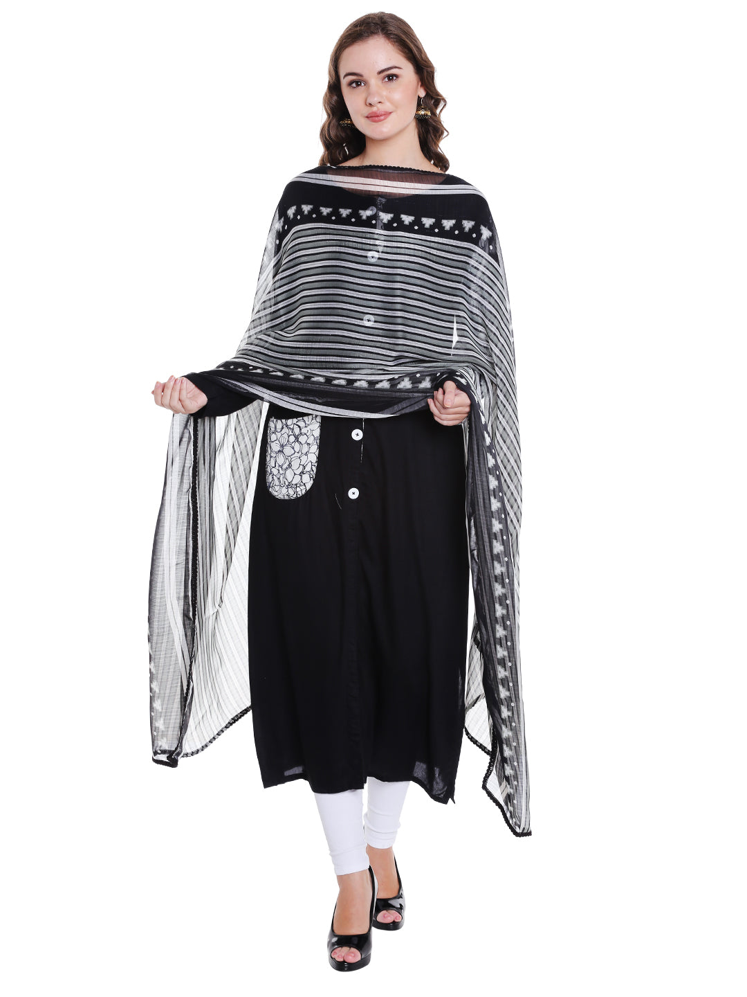 Dupatta Bazaar Women's Black & White Chiffon Dupatta with lace. - Dupatta Bazaar