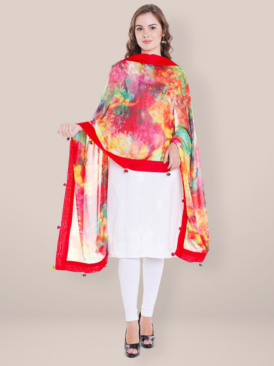 Red Georgette Dupatta with Pom Pom Border. freeshipping - Dupatta Bazaar
