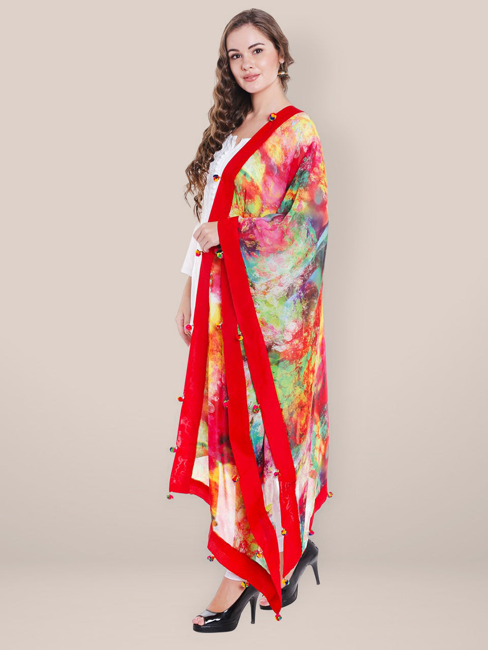 Red Georgette Dupatta with Pom Pom Border. freeshipping - Dupatta Bazaar