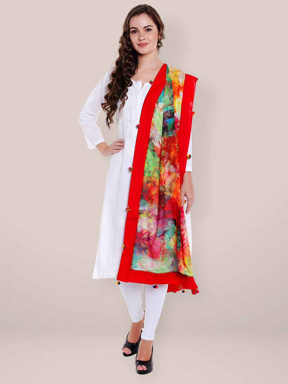 Red Georgette Dupatta with Pom Pom Border. freeshipping - Dupatta Bazaar