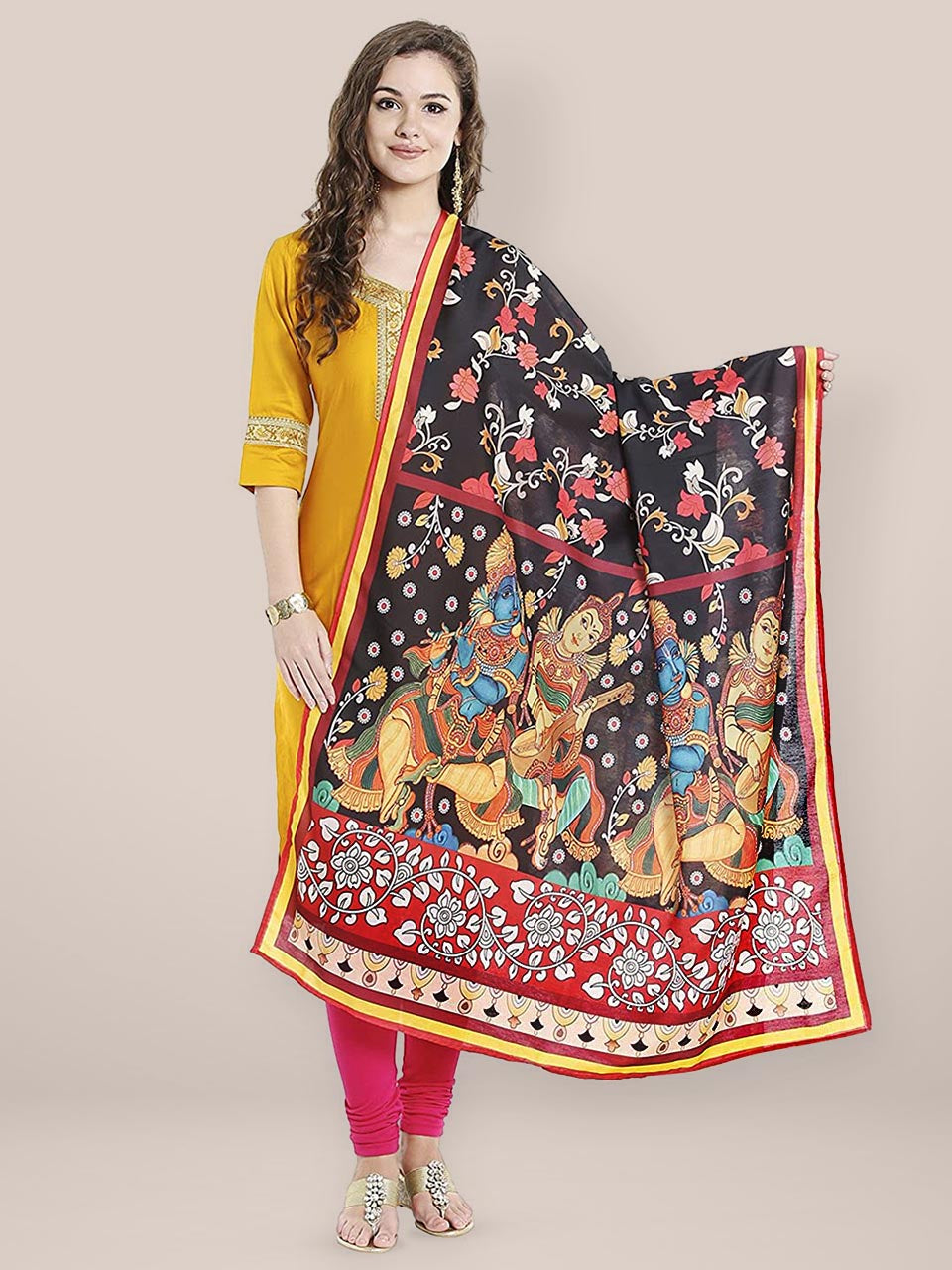 Multicoloured Printed Cotton Satin Dupatta freeshipping - Dupatta Bazaar
