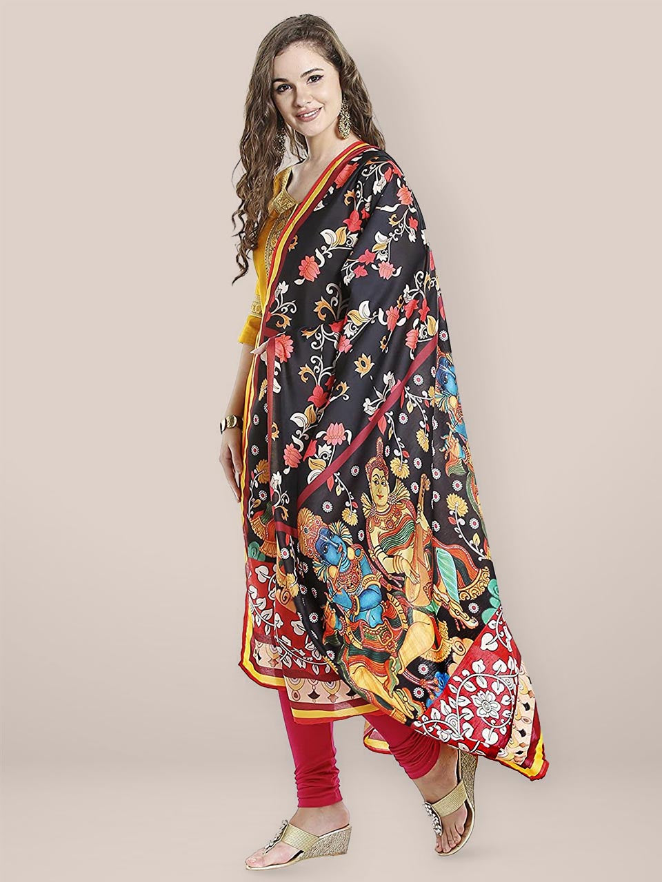 Multicoloured Printed Cotton Satin Dupatta freeshipping - Dupatta Bazaar