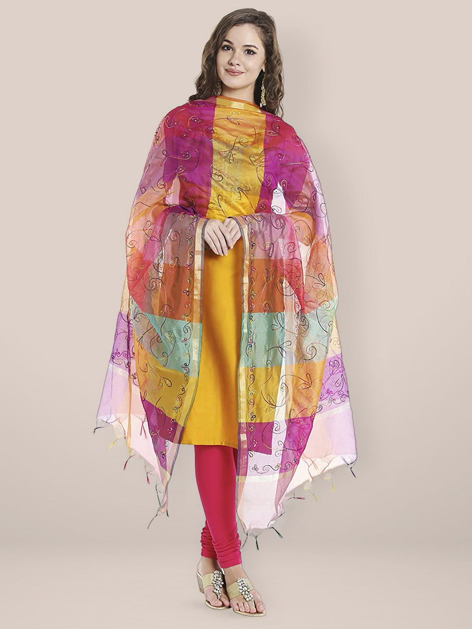 Multicoloured Checkered Embroidery Dupatta freeshipping - Dupatta Bazaar