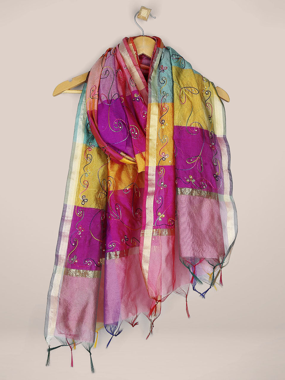 Multicoloured Checkered Embroidery Dupatta freeshipping - Dupatta Bazaar