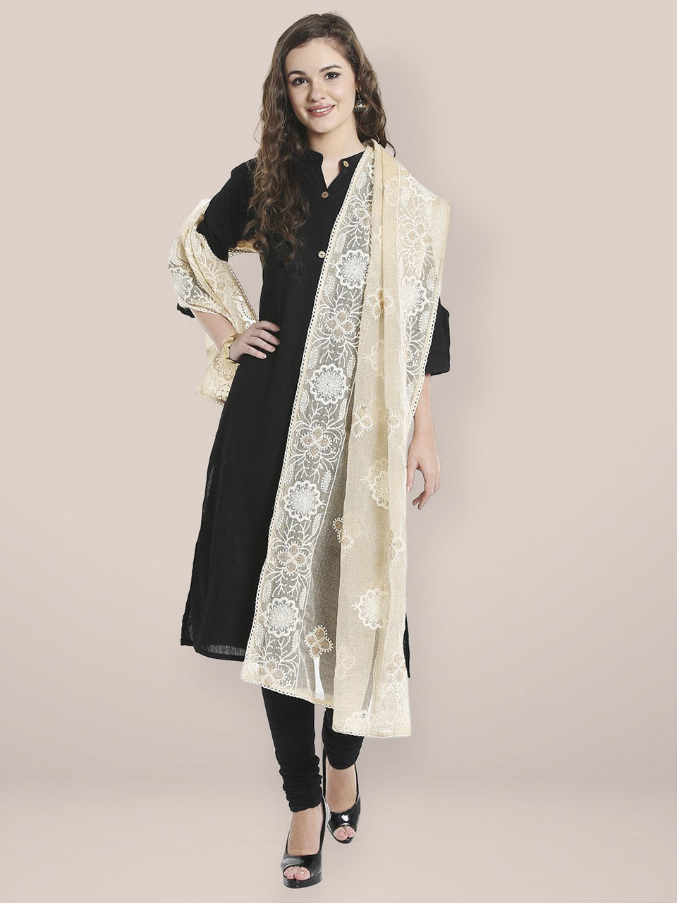 Ivory Dupatta with Lucknowi Embroidery. freeshipping - Dupatta Bazaar