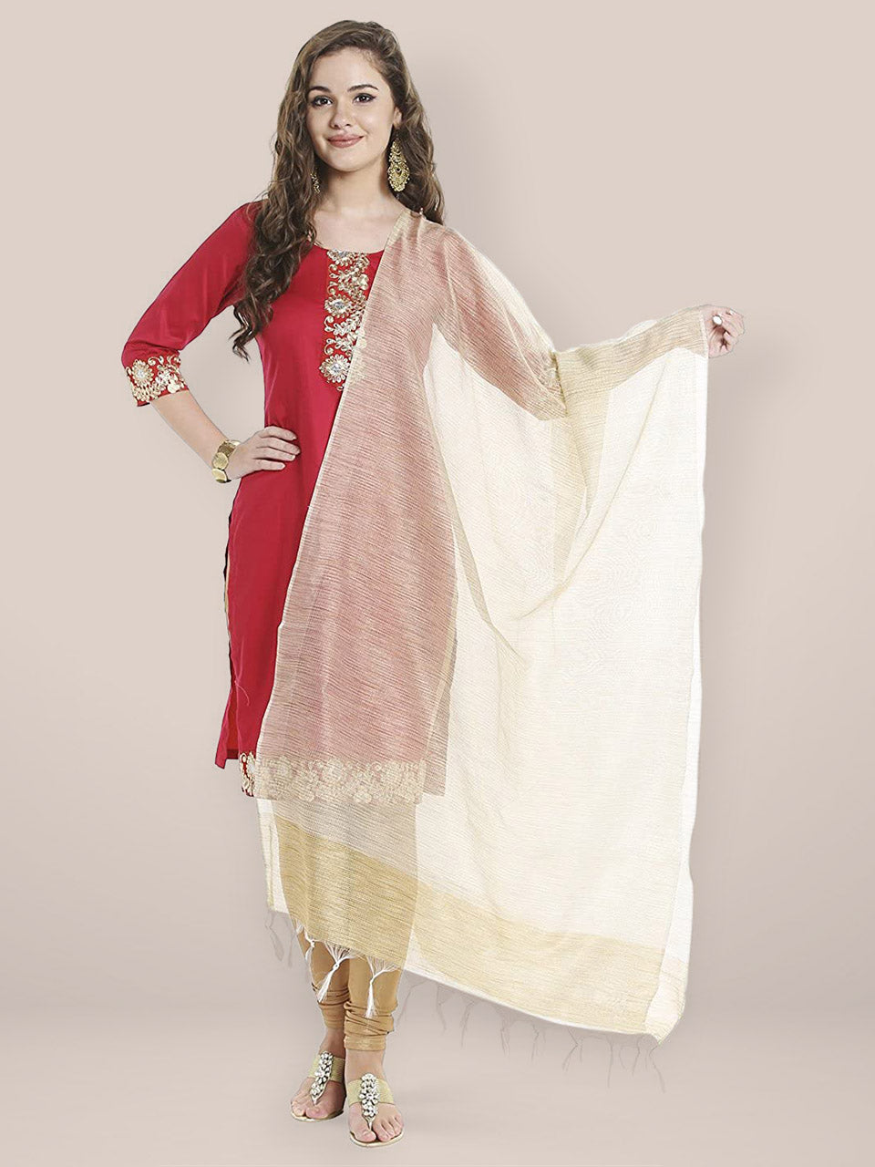 Beige & Gold Woven Cotton Blend Dupatta freeshipping - Dupatta Bazaar