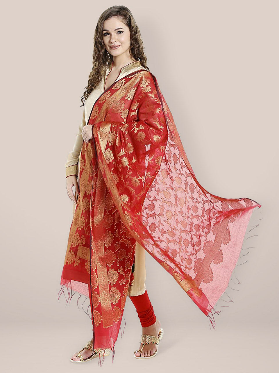 Red & Gold Banarasi Silk Dupatta freeshipping - Dupatta Bazaar