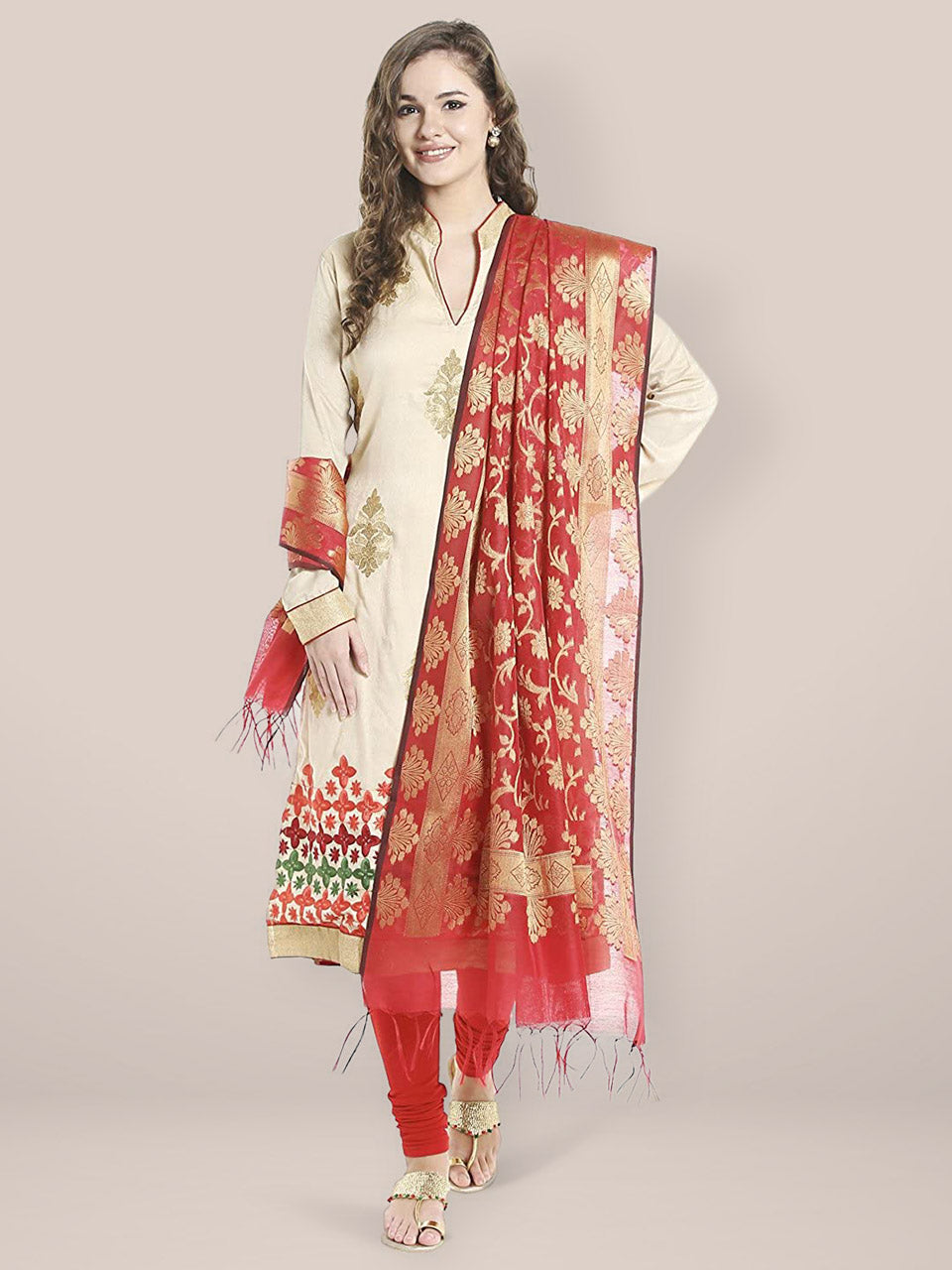 Red & Gold Banarasi Silk Dupatta freeshipping - Dupatta Bazaar
