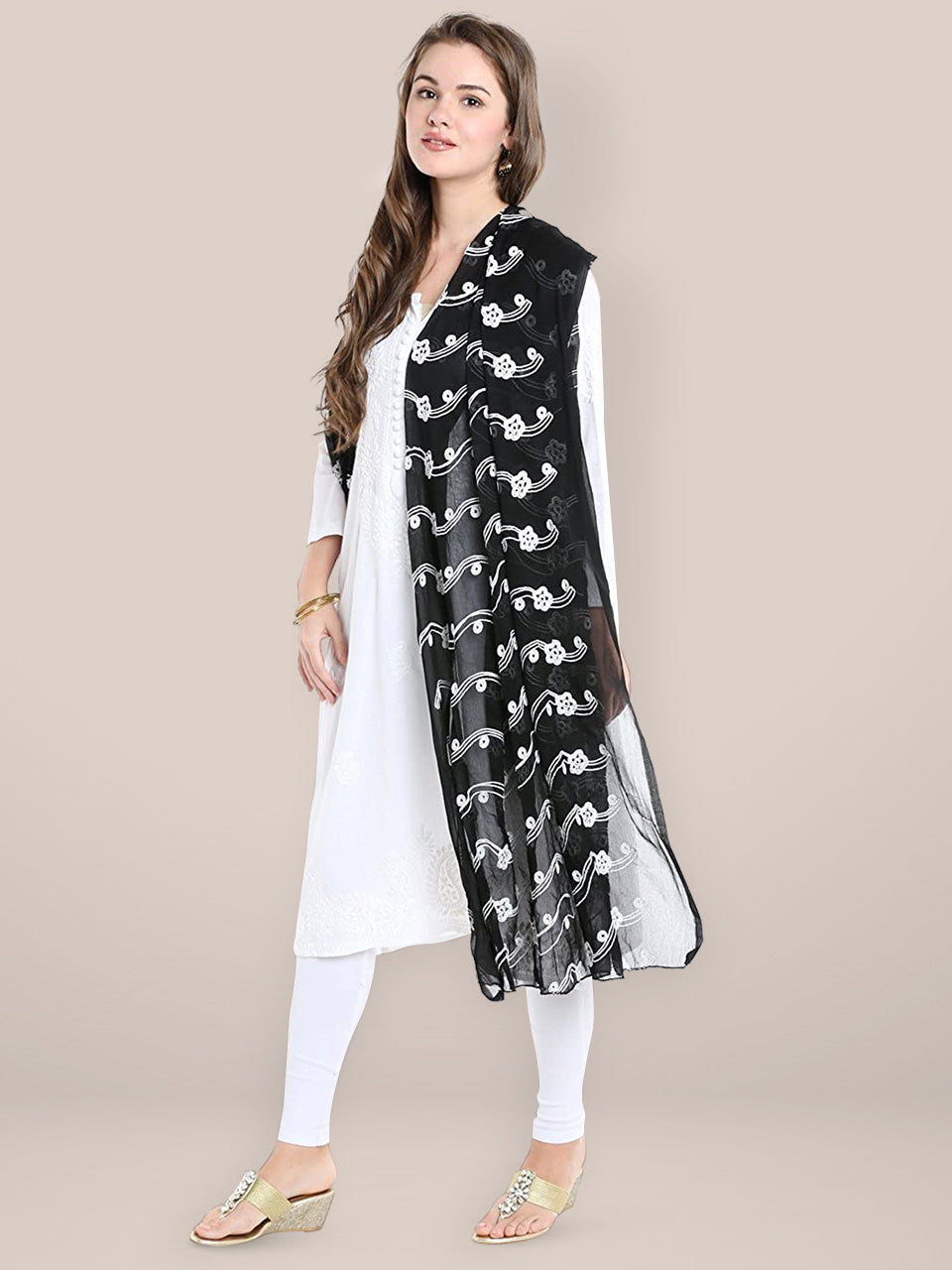 Black and White Embrodiered Chiffon dupatta freeshipping - Dupatta Bazaar
