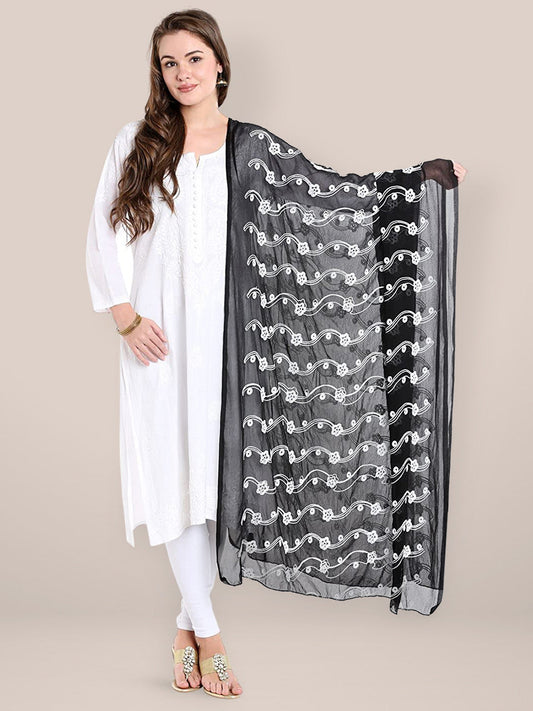 Black and White Embrodiered Chiffon dupatta freeshipping - Dupatta Bazaar