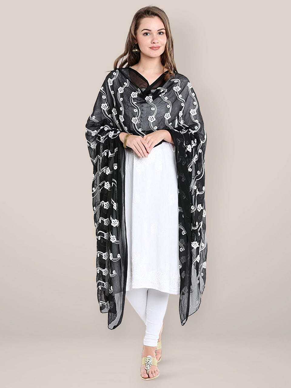 Black and White Embrodiered Chiffon dupatta freeshipping - Dupatta Bazaar