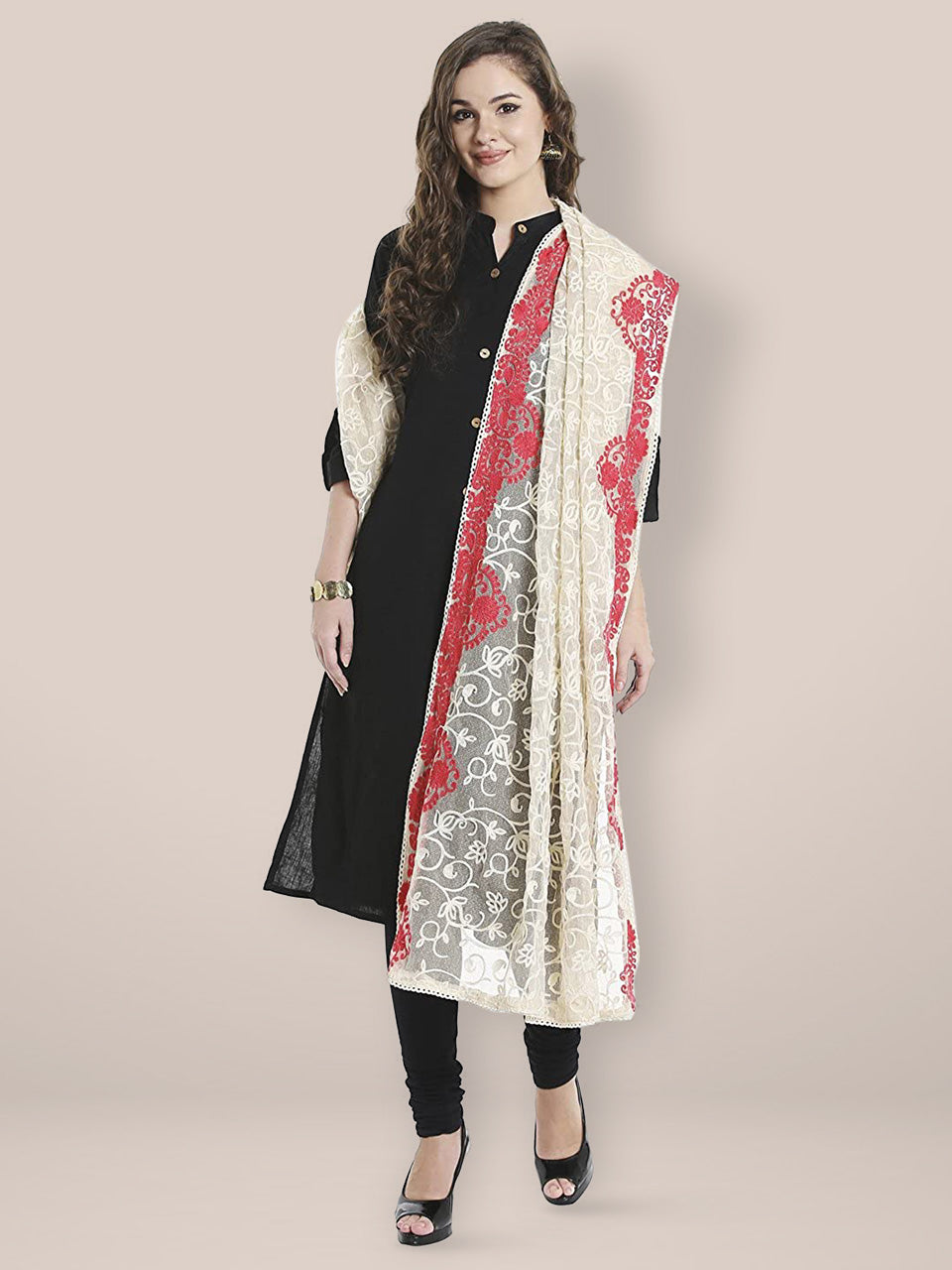 Off White Net Dupatta with  Embroidery. freeshipping - Dupatta Bazaar