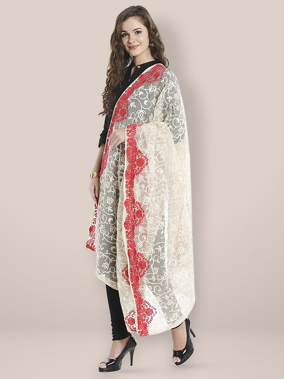 Off White Net Dupatta with  Embroidery. freeshipping - Dupatta Bazaar