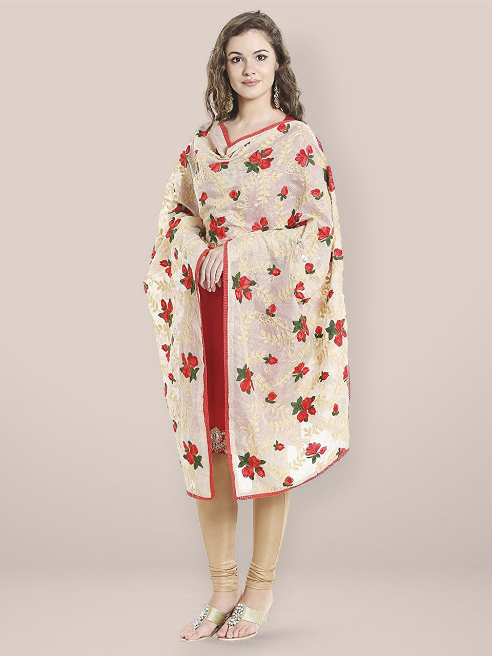 Ivory Cotton Blend dupatta with Multicoloured Floral Embroidery freeshipping - Dupatta Bazaar