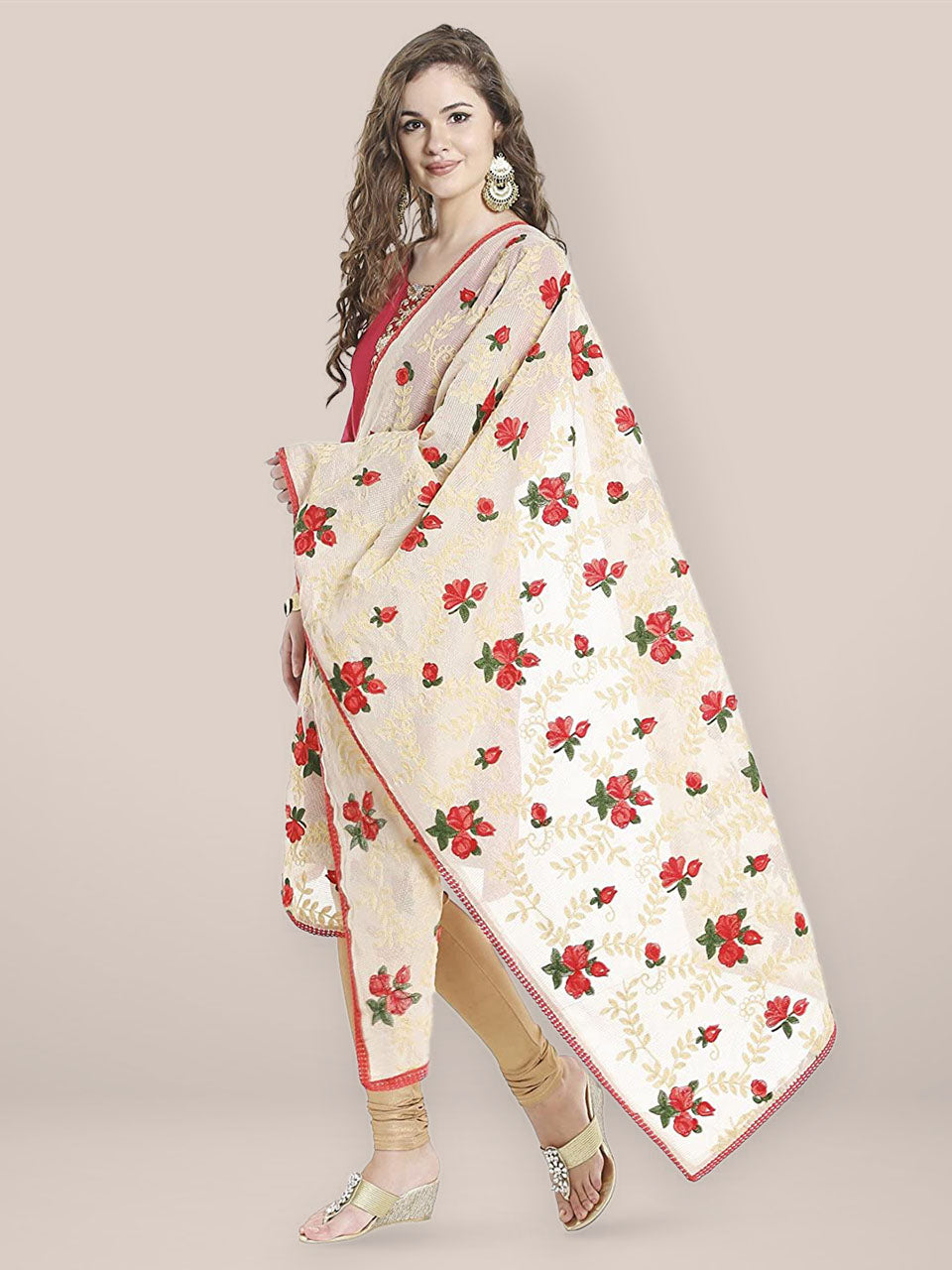 Ivory Cotton Blend dupatta with Multicoloured Floral Embroidery freeshipping - Dupatta Bazaar