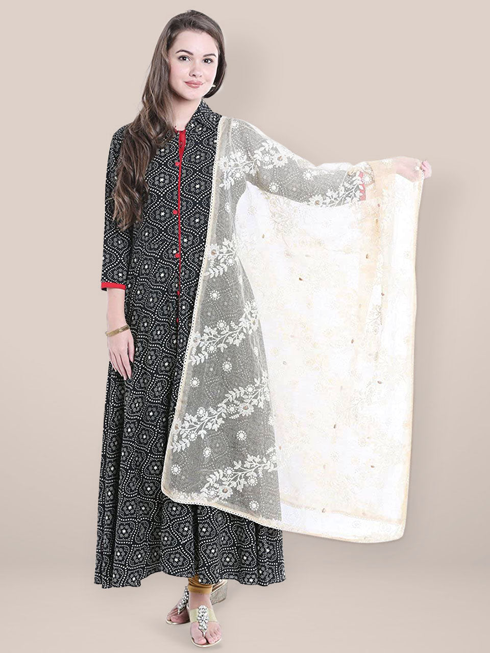 Off White  Lucknowi Dupatta freeshipping - Dupatta Bazaar
