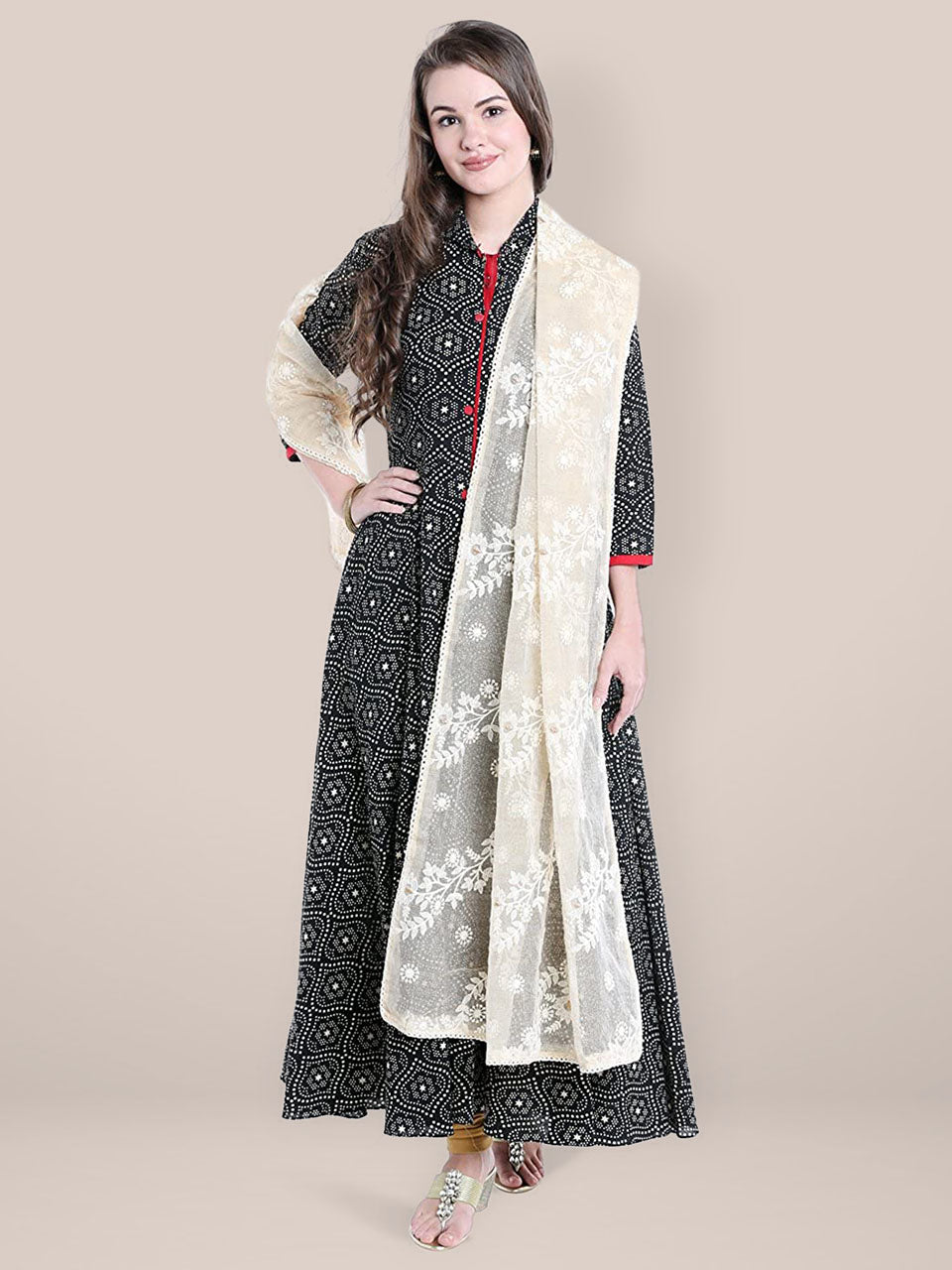 Off White  Lucknowi Dupatta freeshipping - Dupatta Bazaar