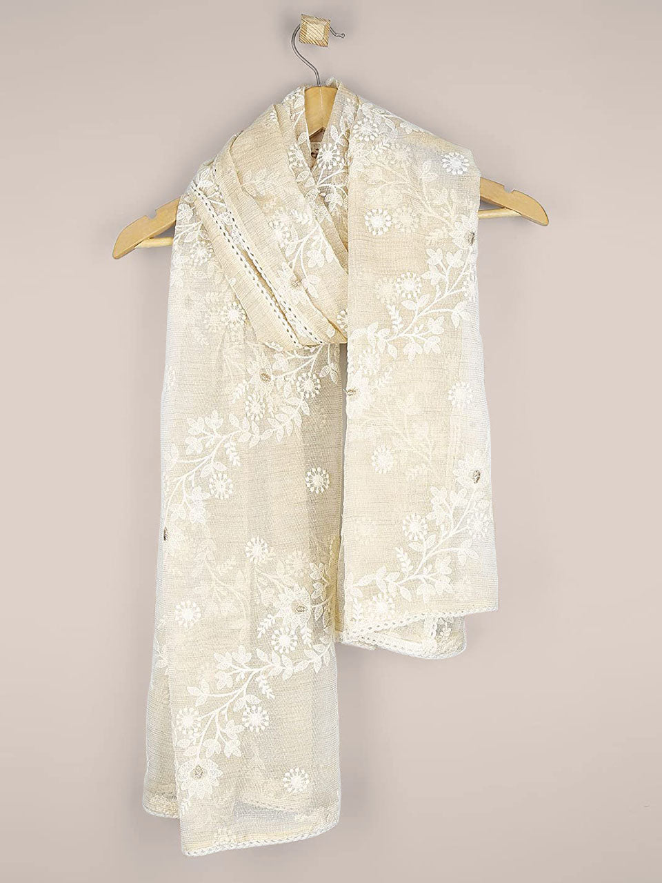 Off White  Lucknowi Dupatta freeshipping - Dupatta Bazaar