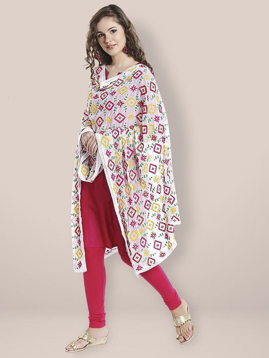 White  Phulkari Chiffon Dupatta freeshipping - Dupatta Bazaar
